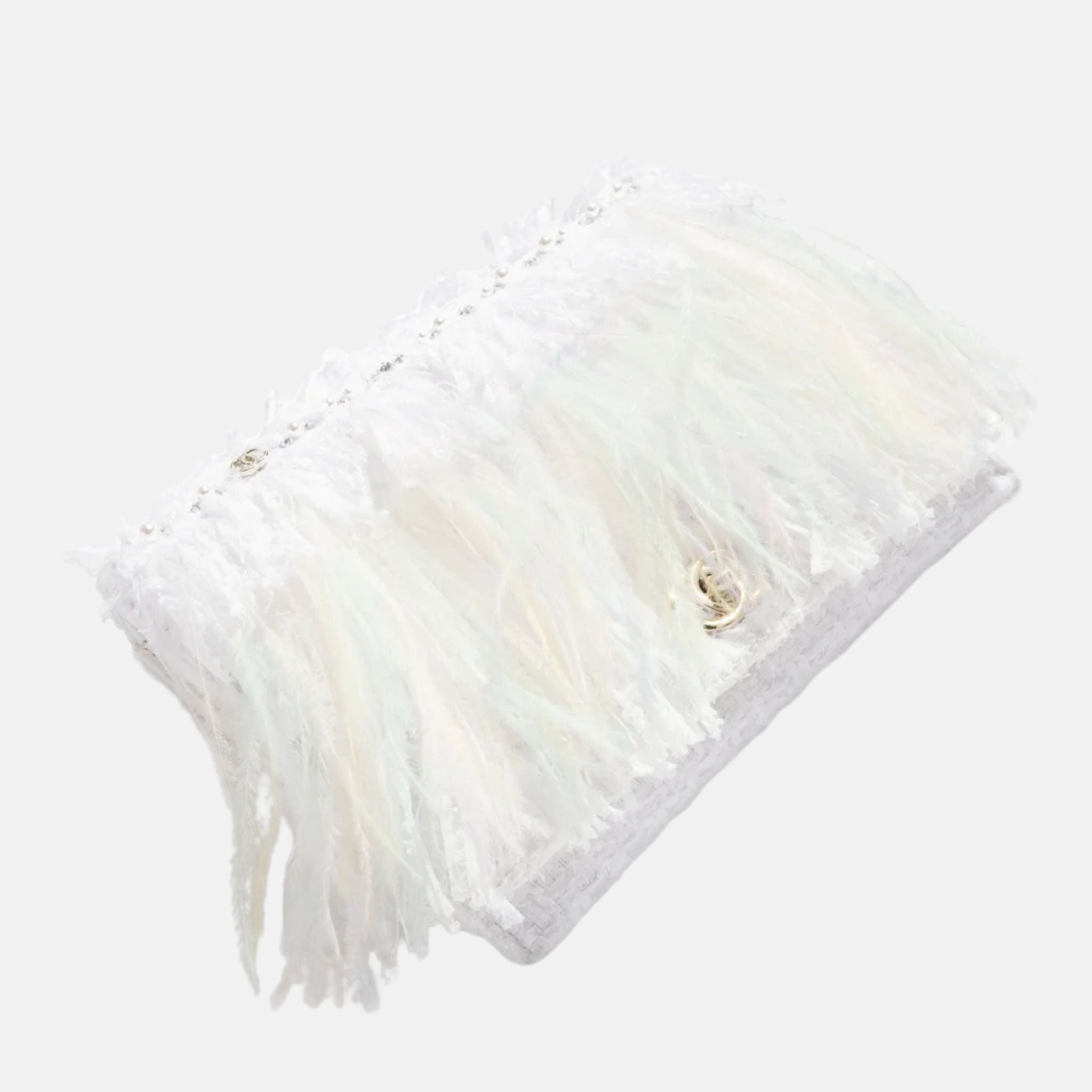 Clutch In Tweed Feathers Pearls & Gold Tone Metal White