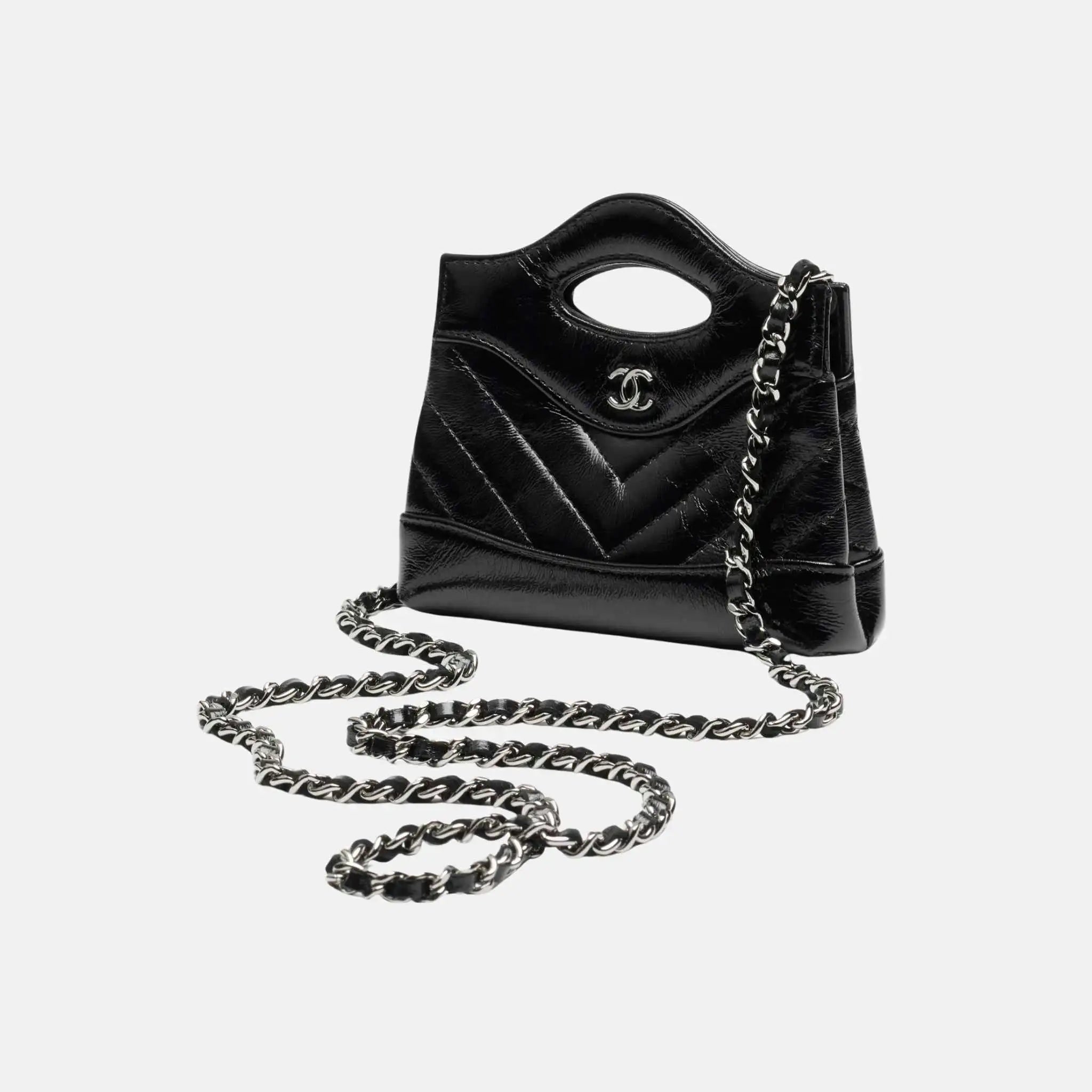 Clutch With Chain Shiny Lambskin Ruthenium Metal