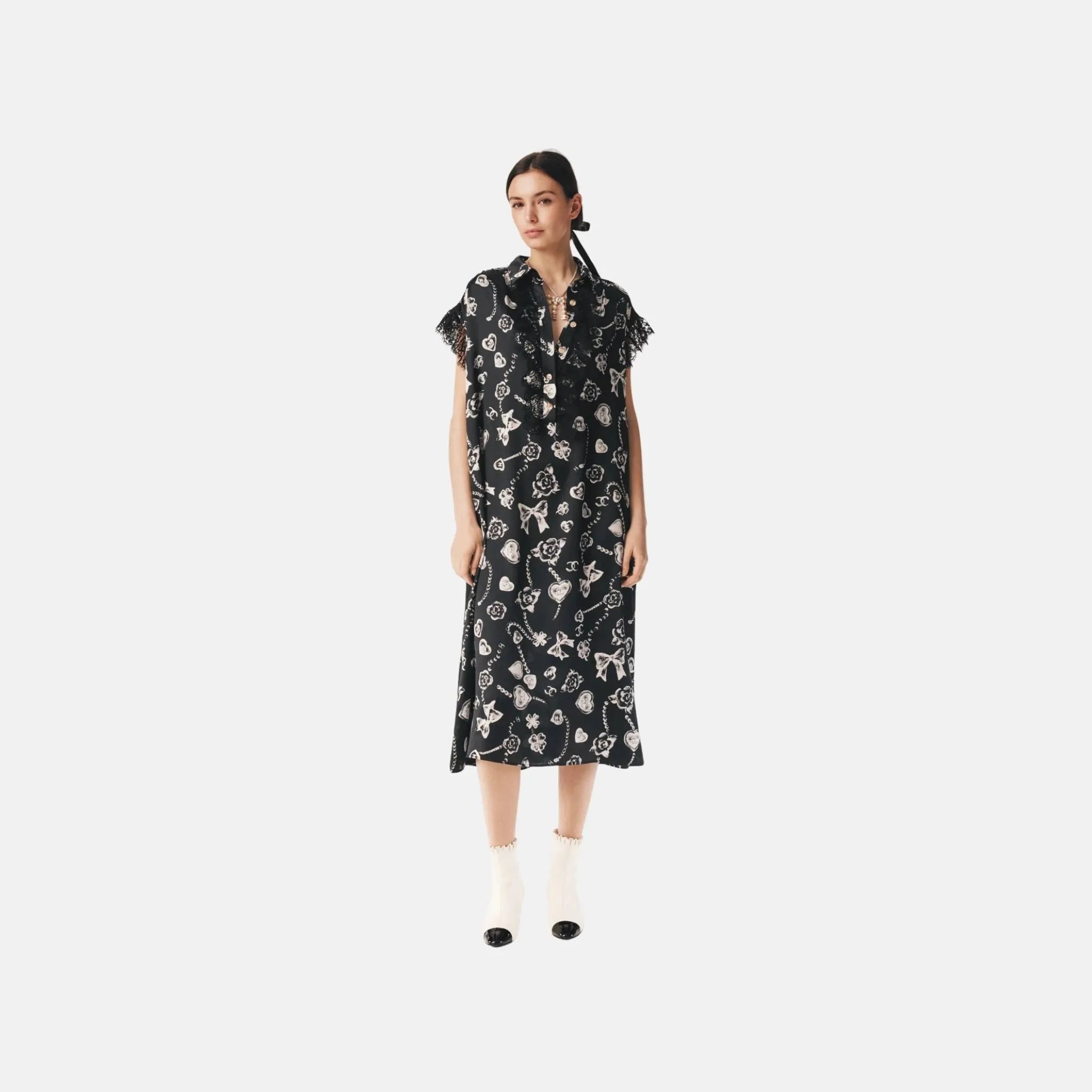 Dress in Printed Silk Satin and Lace