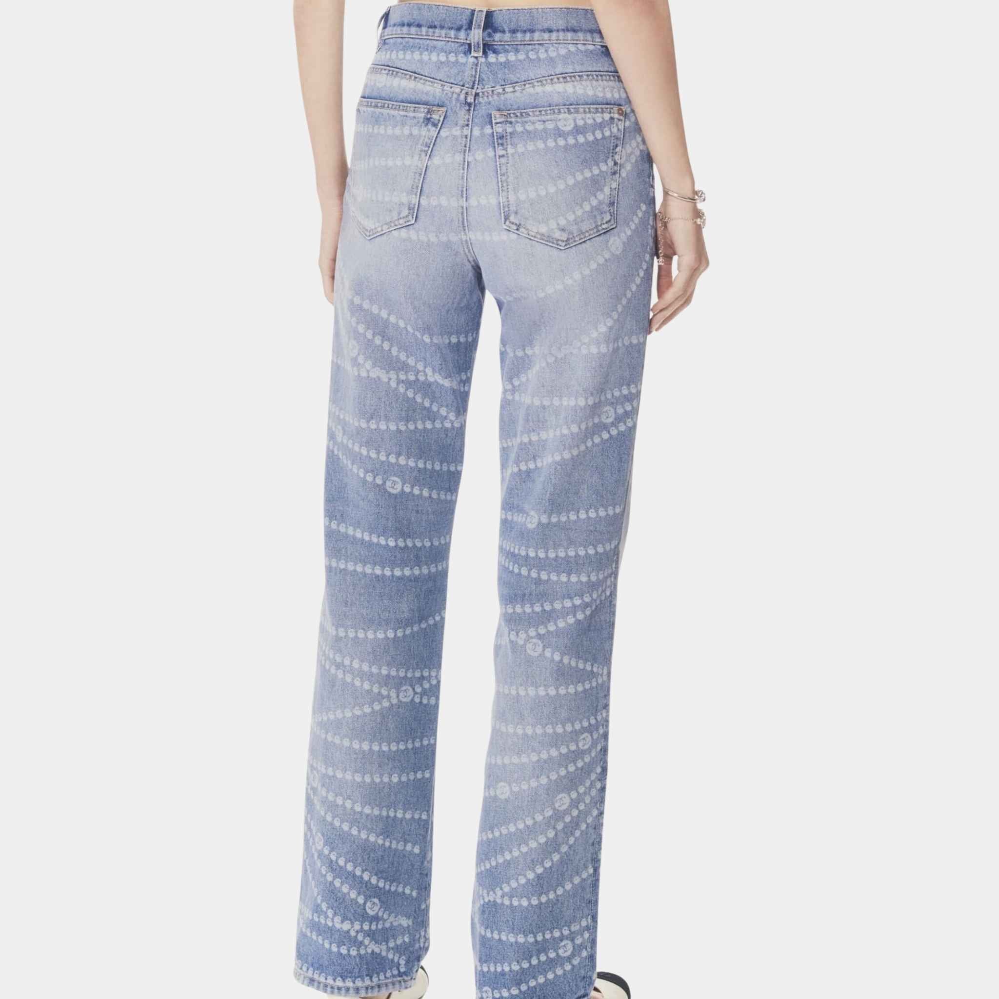 Printed Washed Blue and White Denim Jeans