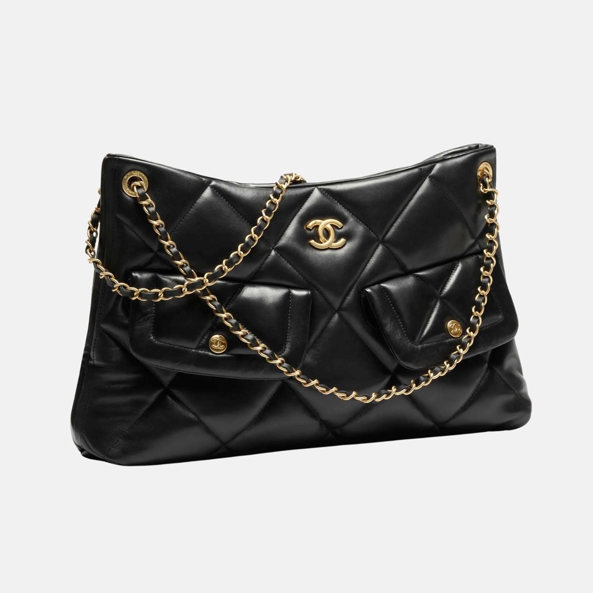 Shopping Bag Shiny Lambskin Black Gold Tone Metal