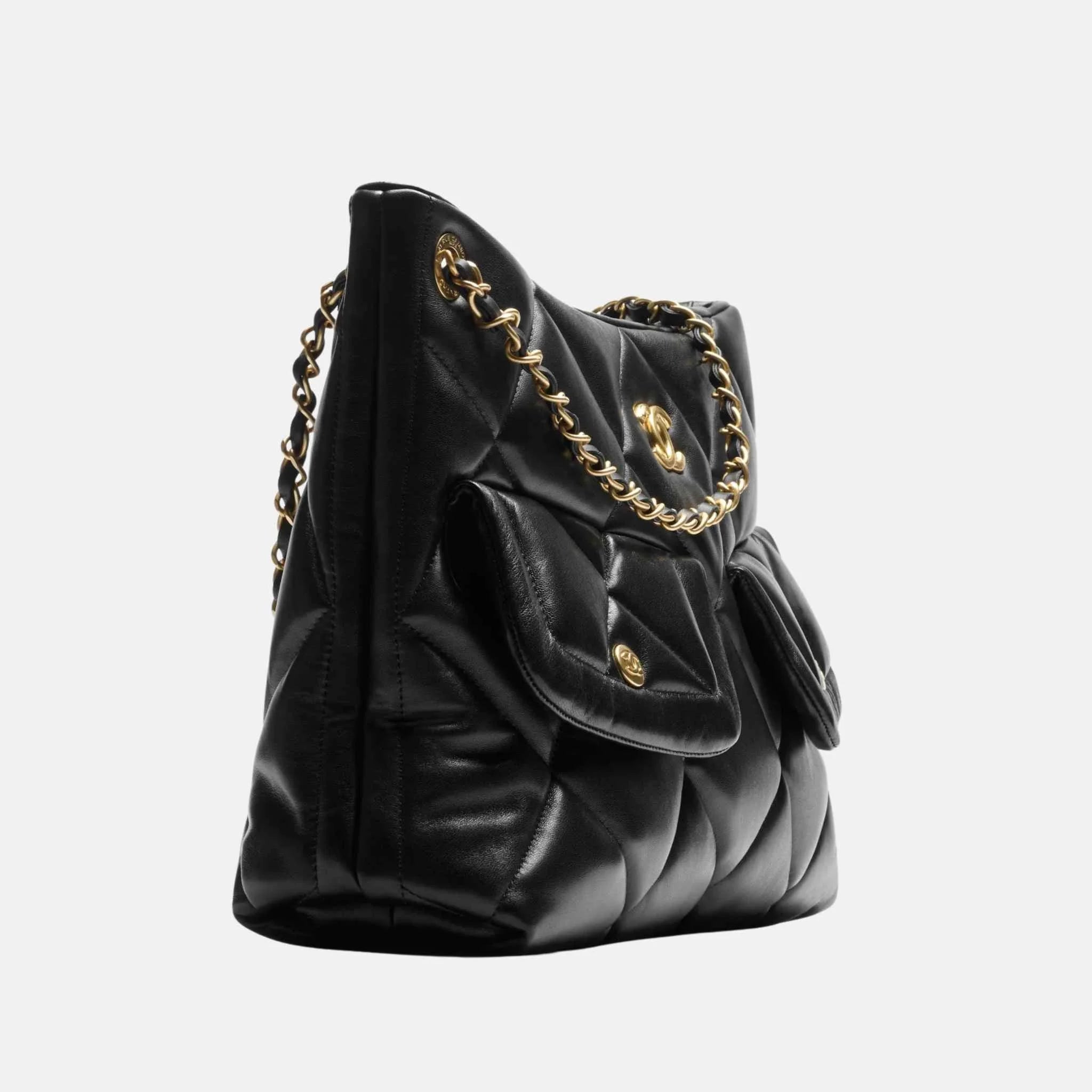Shopping Bag Shiny Lambskin Black Gold Tone Metal