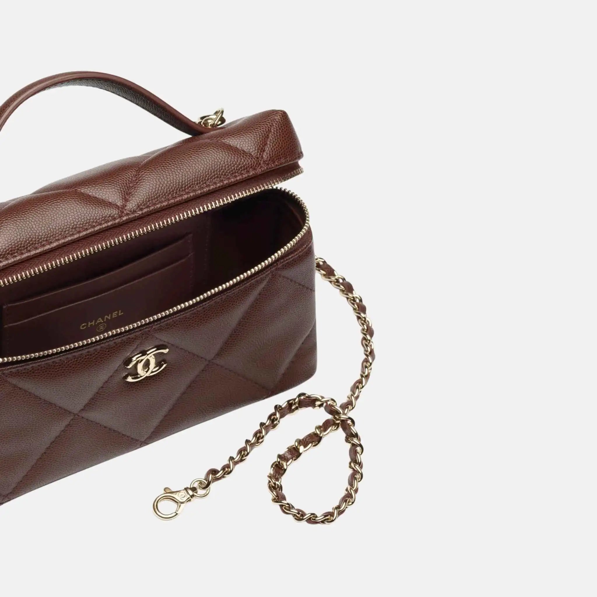 Vanity With Chain Grained Shiny Calfskin Dark Brown Gold Tone Metal