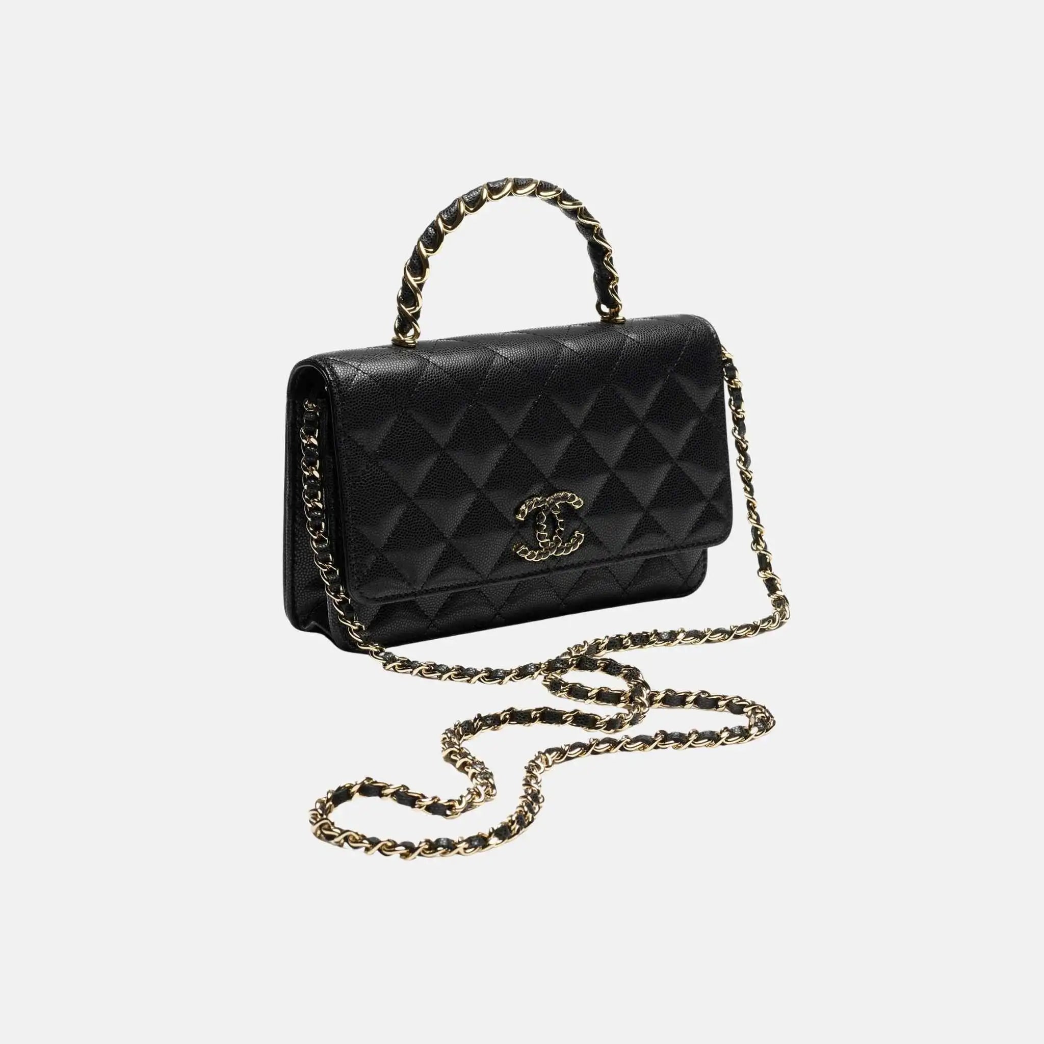 Wallet On Chain Grained Shiny Calfskin Gold Tone Metal
