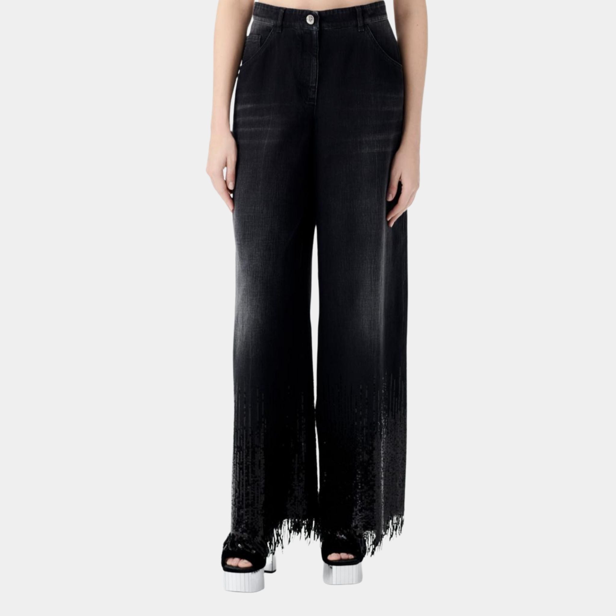Washed Black Denim Jeans Embroidered with Sequins