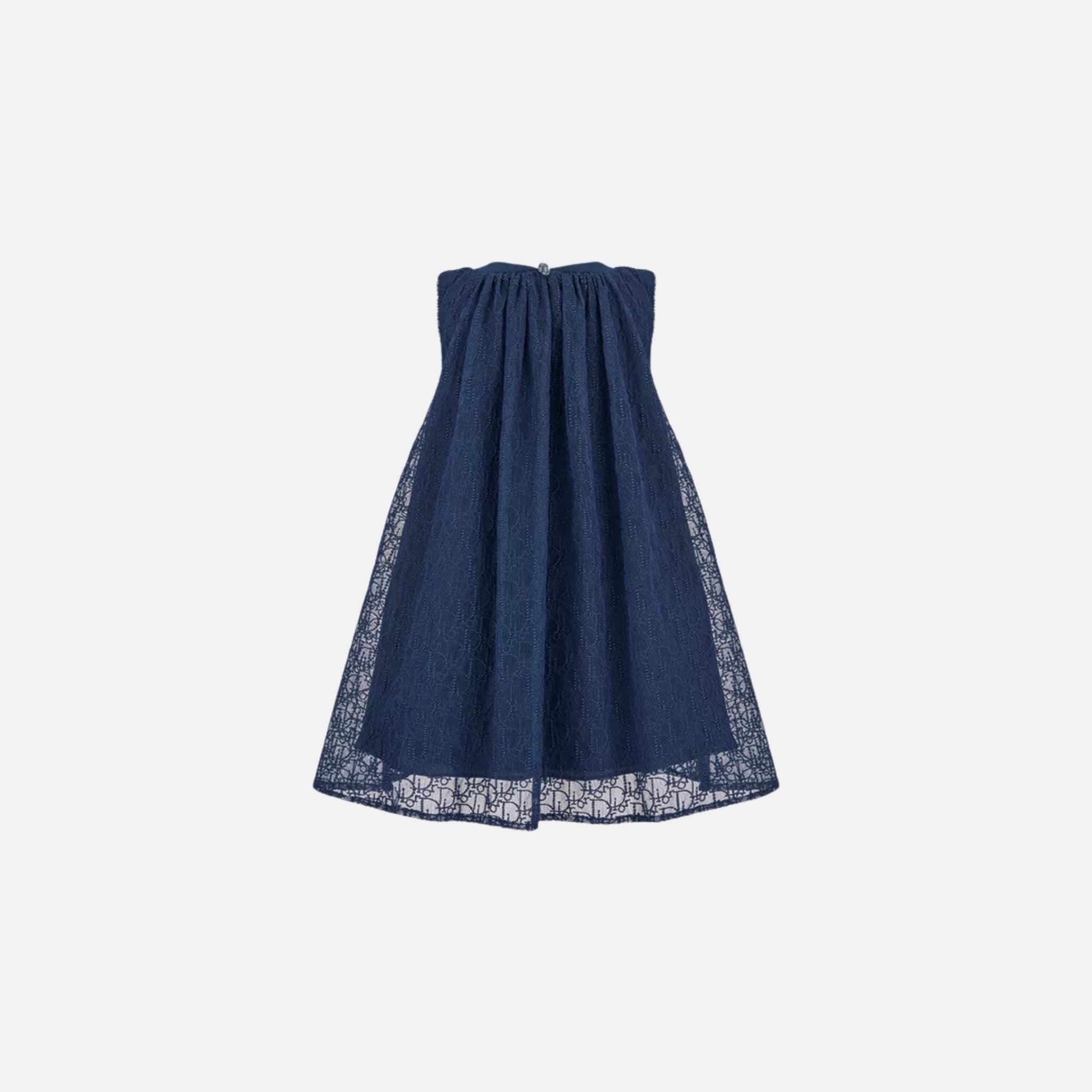 Kids Flared Dress Navy Blue Embroidered Tulle with Dior Oblique Pearls Motif