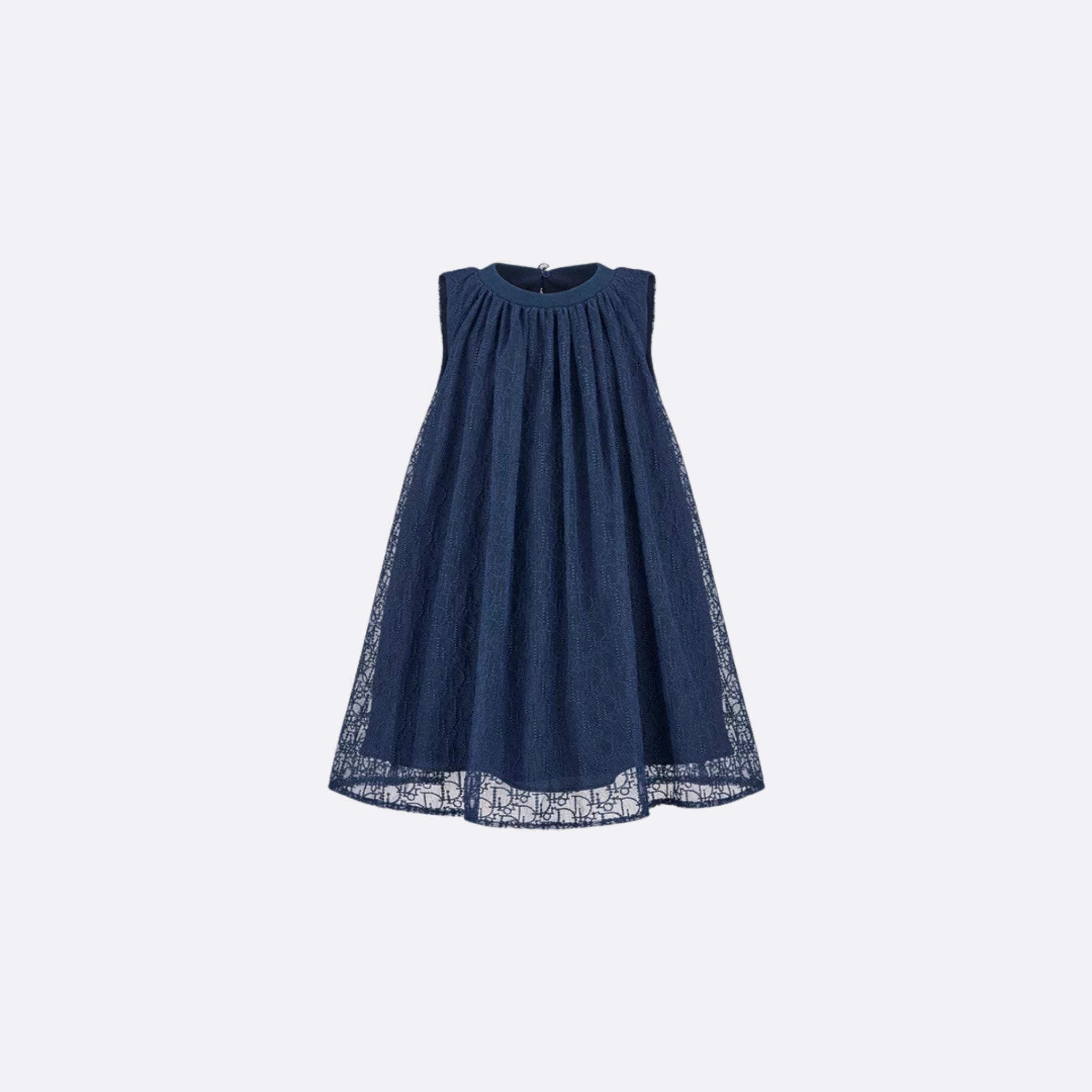 Kids Flared Dress Navy Blue Embroidered Tulle with Dior Oblique Pearls Motif