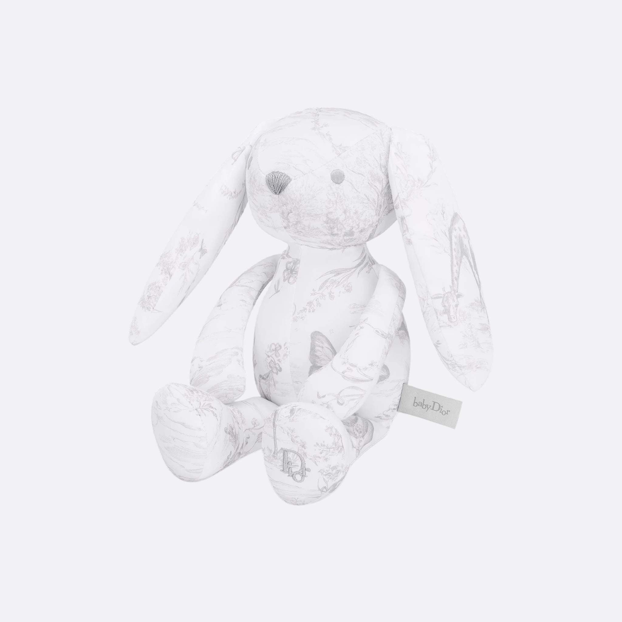Rabbit Stuffed Toy White Cotton Satin with Toile de Jouy Print