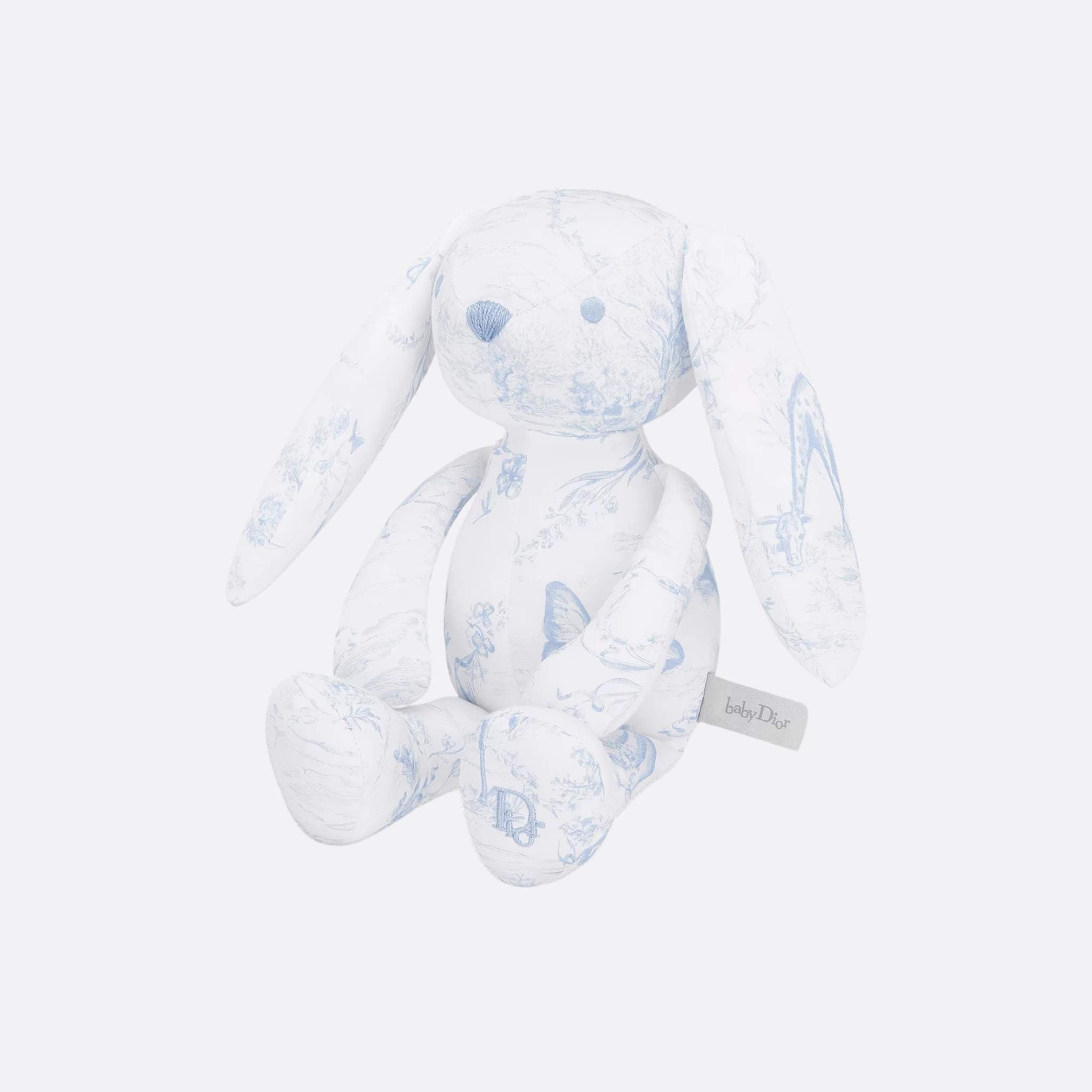 Rabbit Stuffed Toy White Cotton Satin with Toile de Jouy Print