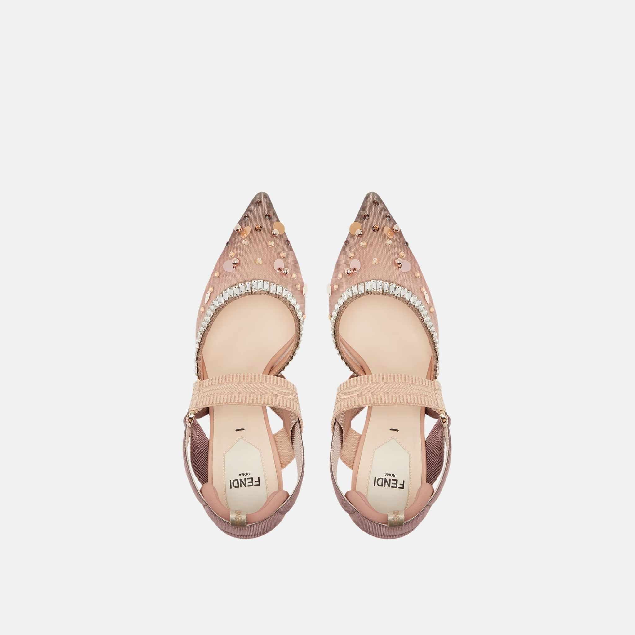 Colibri High Heeled Slingbacks In Pink Mesh & Crystals