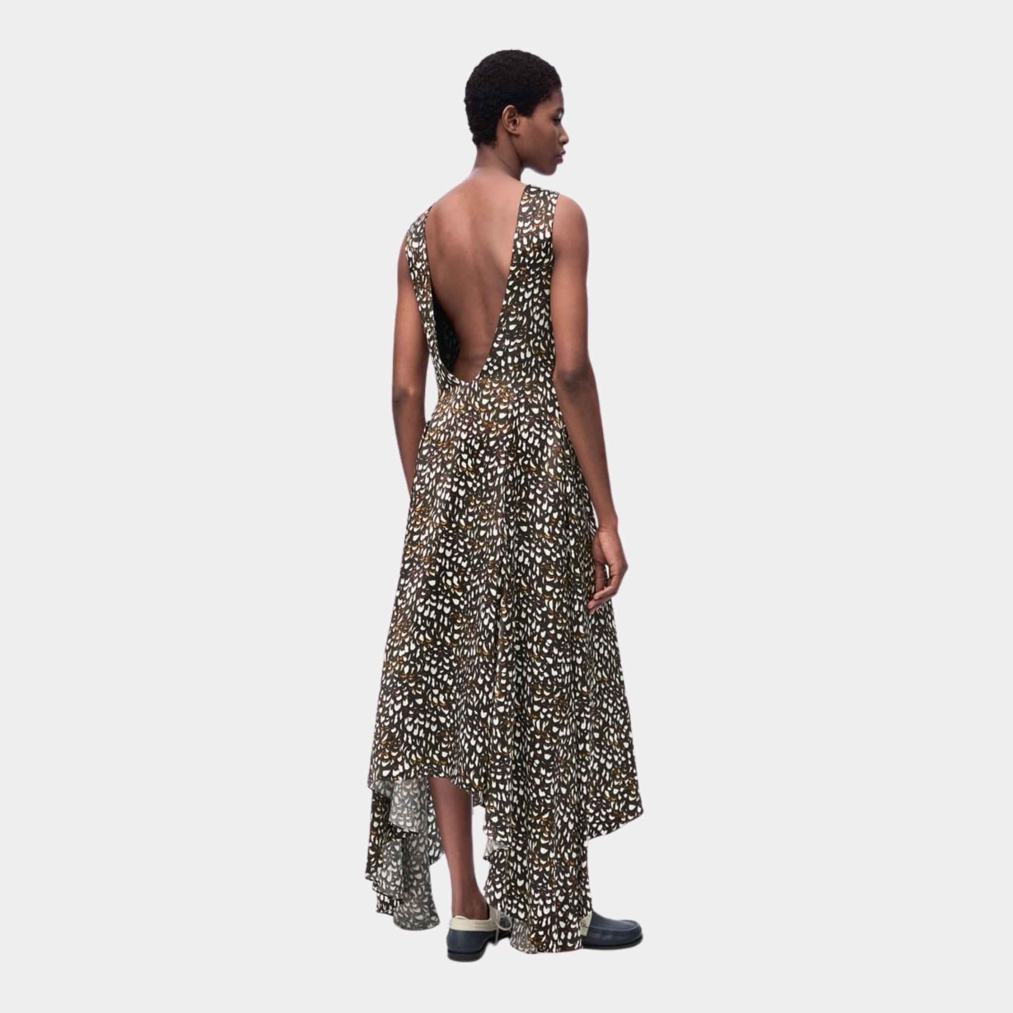 Open Back Dress in Viscose Pheasant Feather Print