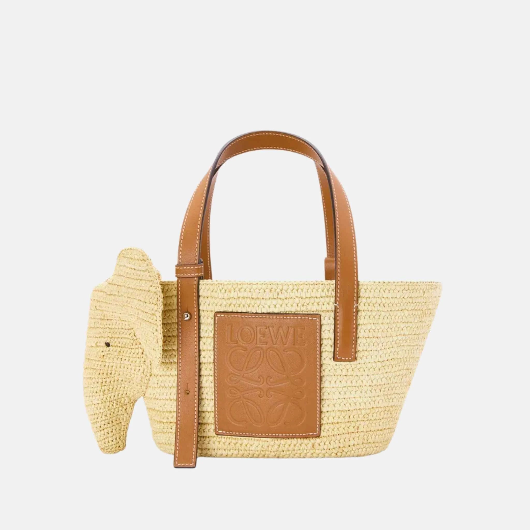 Small Elephant Basket in Raffia and Calfskin