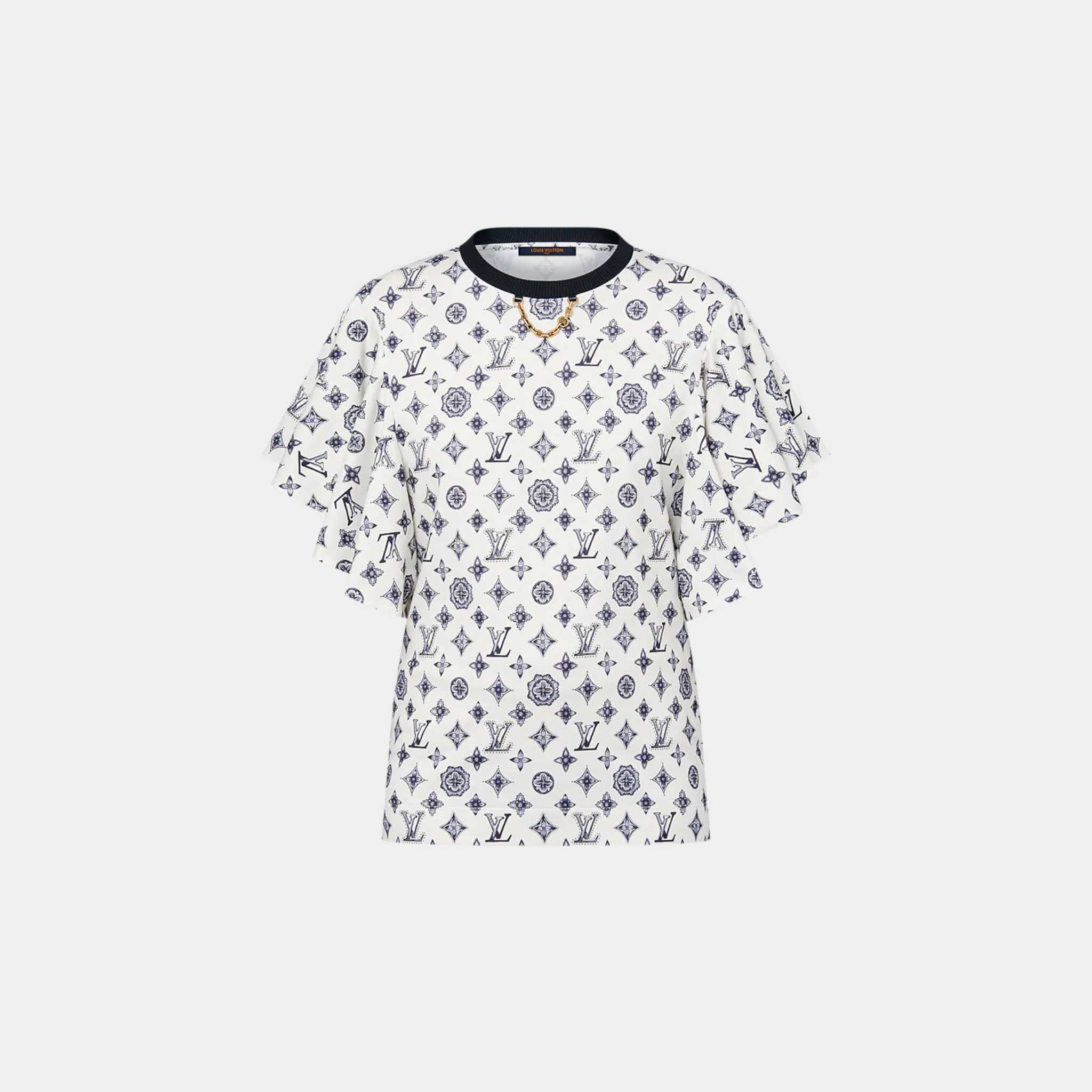 Monogram Flounce Sleeve Beige T-Shirt