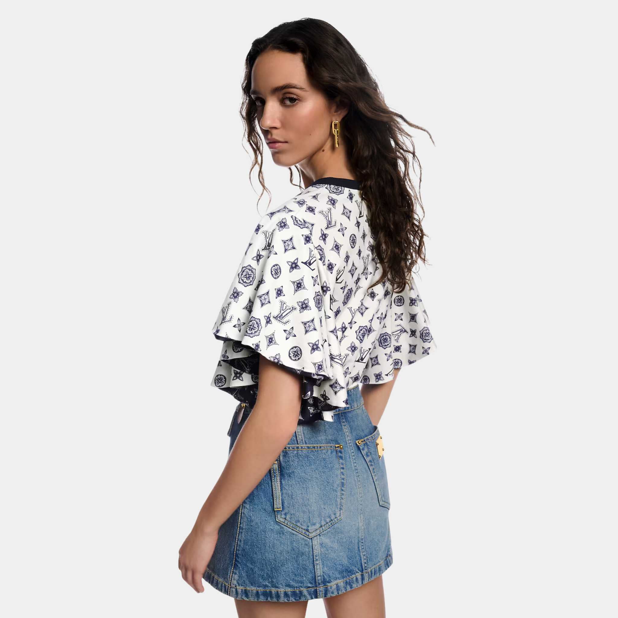 Monogram Flounce Sleeve Beige T-Shirt