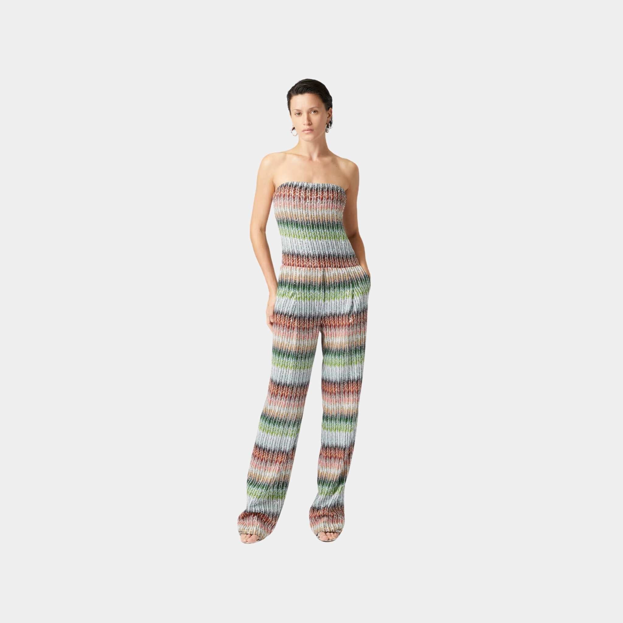 Long Bustier Jumpsuit In Gradient Zigzag Knit With Sequins