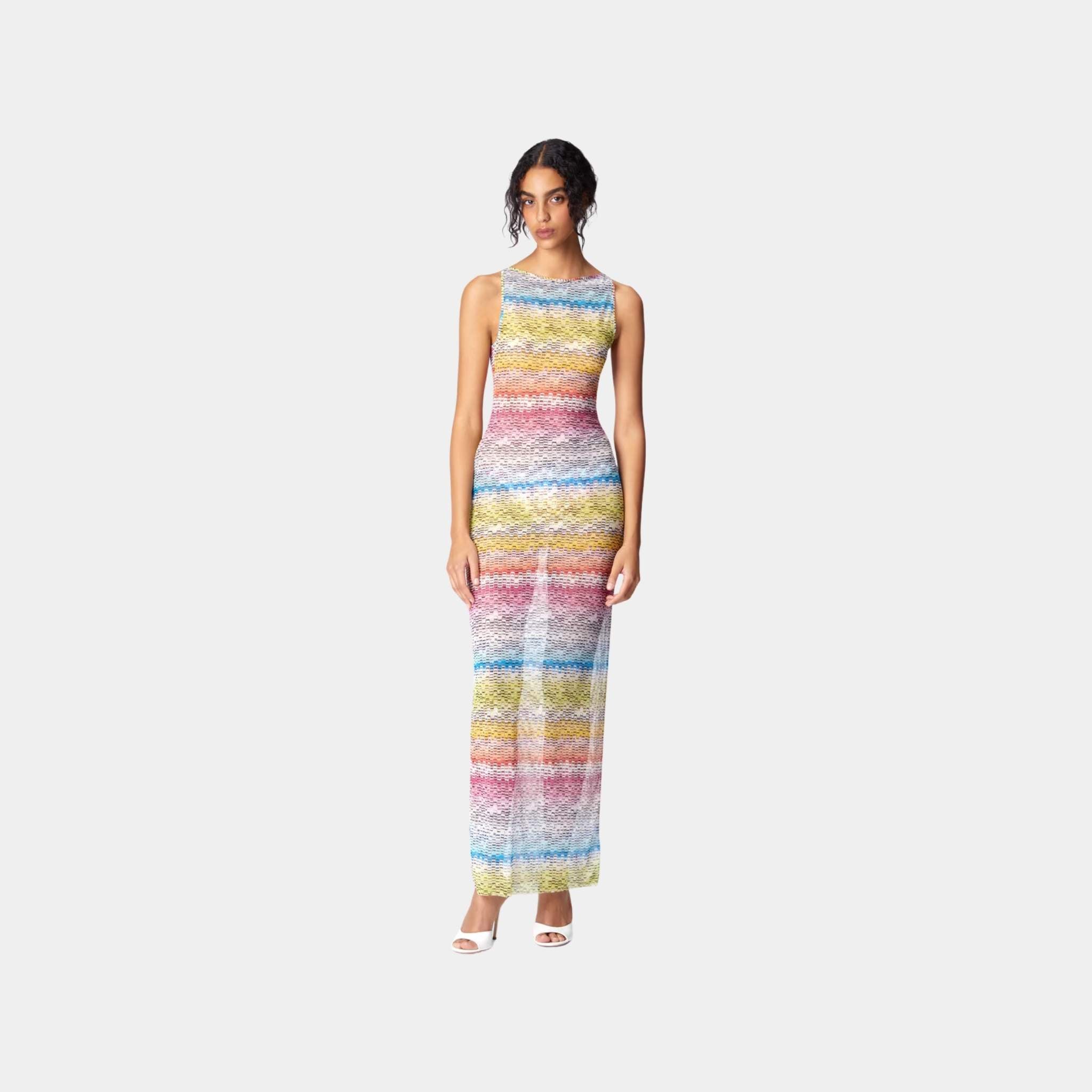 Long Sleeveless Dress In Printed Tulle