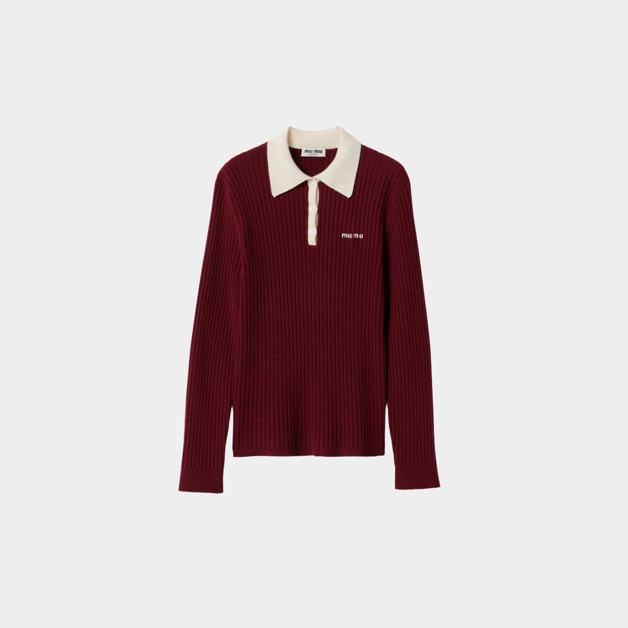 Ribbed Cashmere Polo Shirt Amaranth Natural