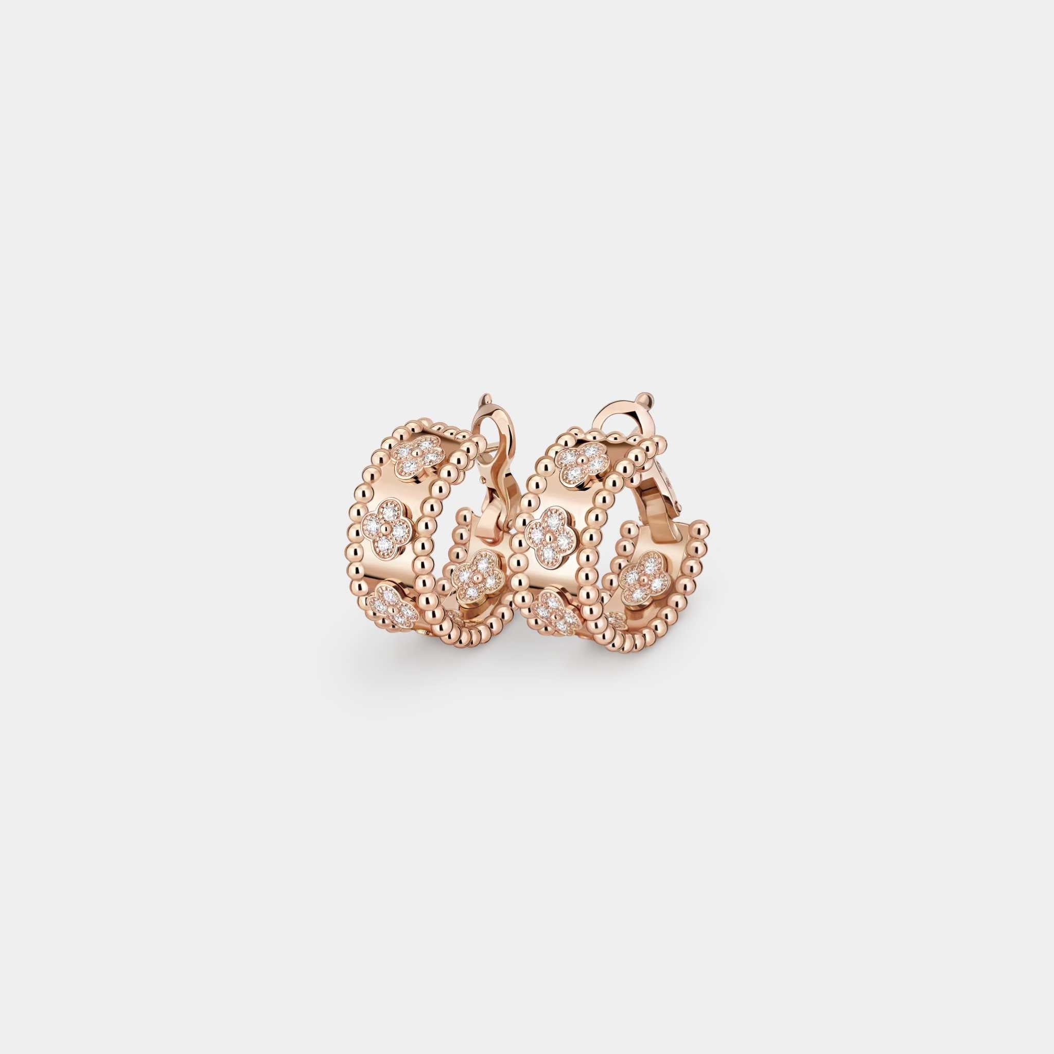 Perlée Clovers Hoop Earrings Rose Gold Diamond