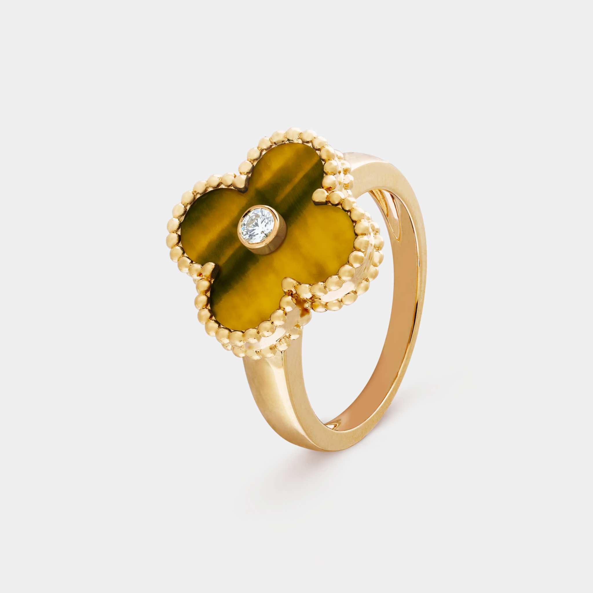 Van Cleef Vintage Alhambra Ring Yellow Gold Diamond & Tiger Eye
