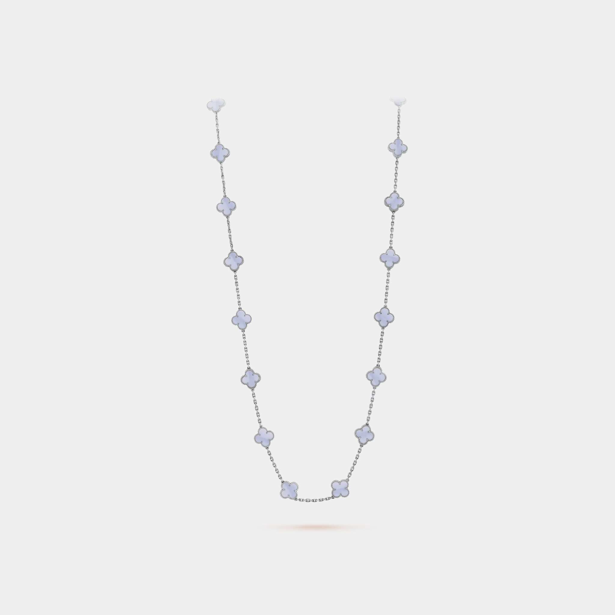 Vintage Alhambra Long Necklace 20 Motifs White Gold Chalcedony