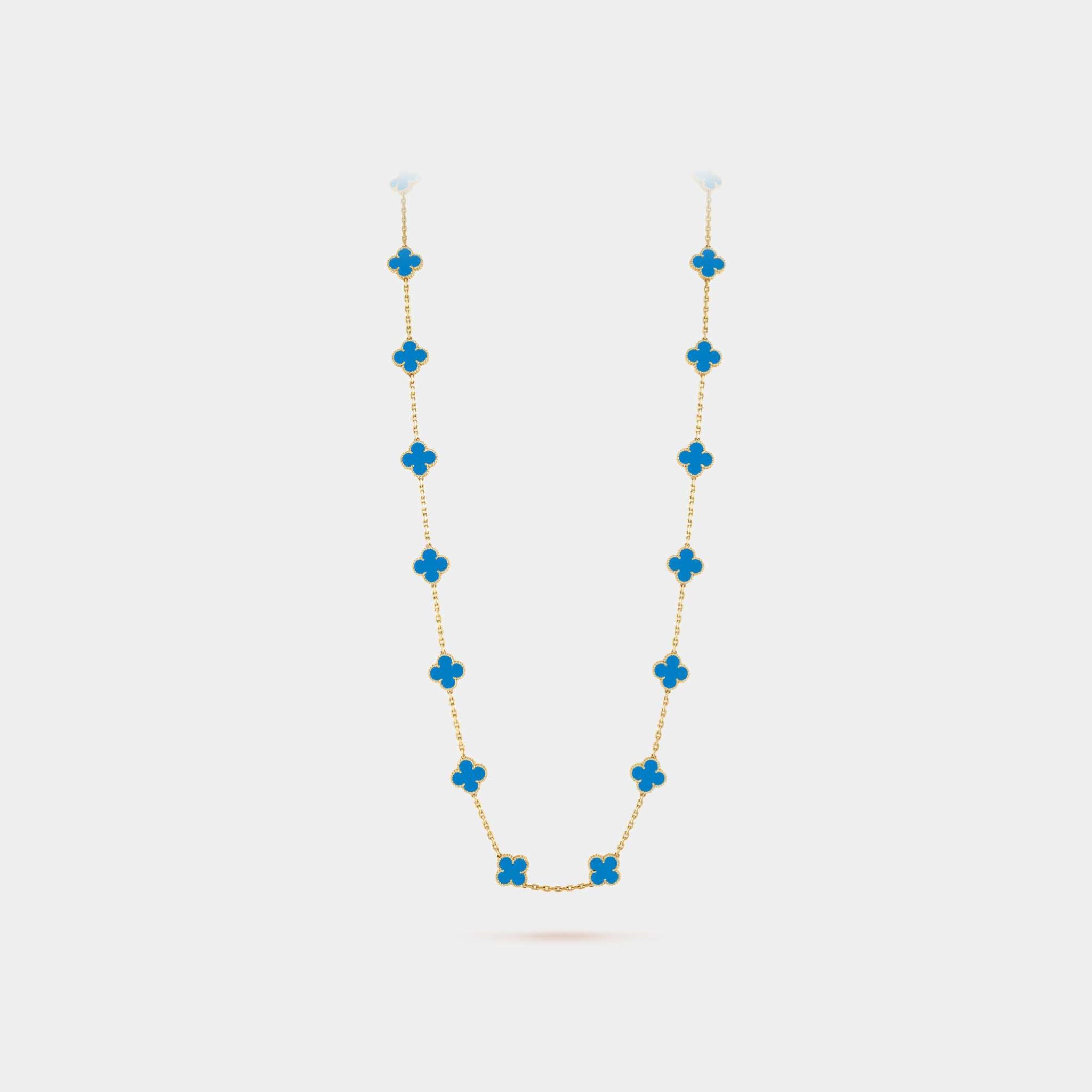 Vintage Alhambra Long Necklace 20 Motifs Yellow Gold Agate