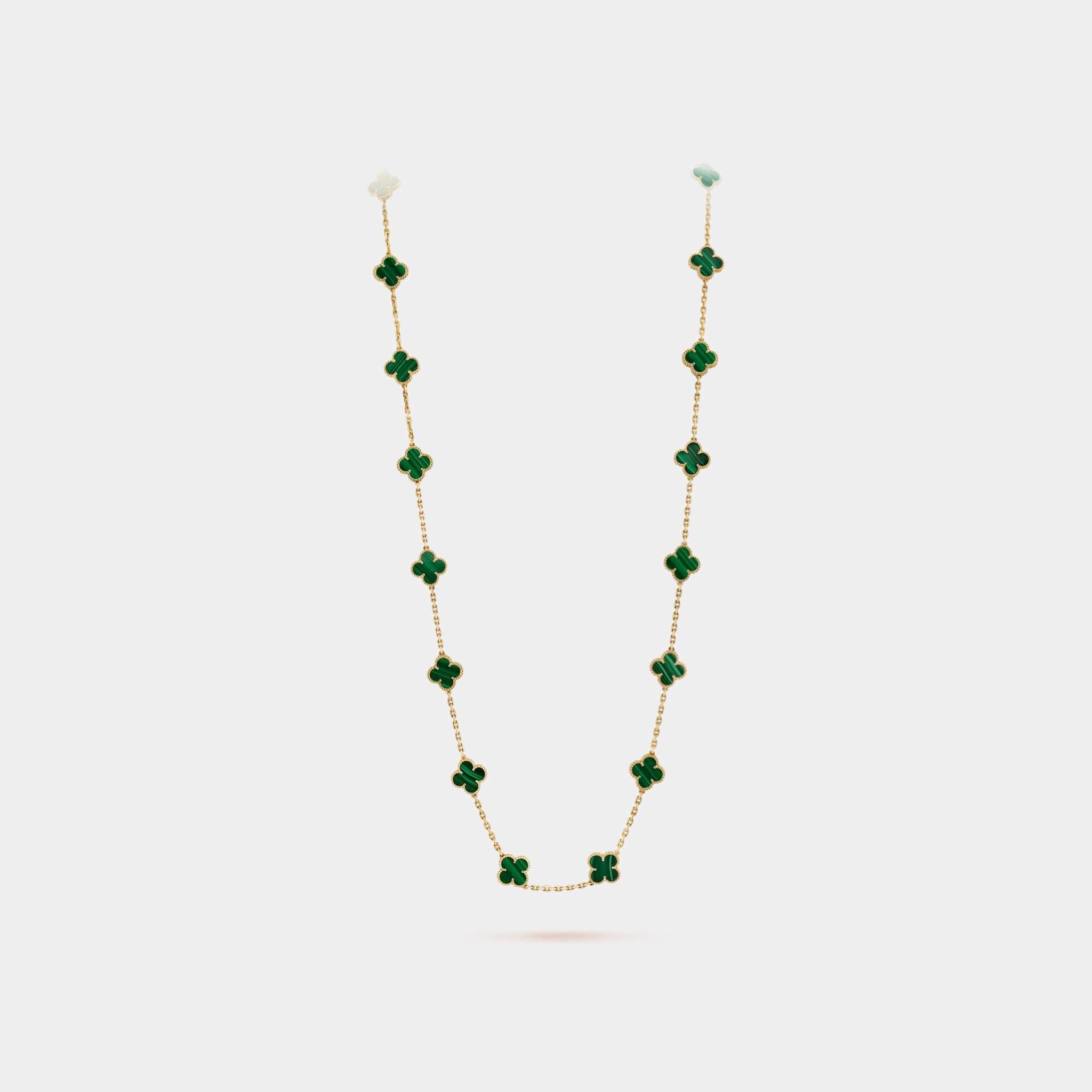 Vintage Alhambra Long Necklace 20 Motifs Yellow Gold Malachite