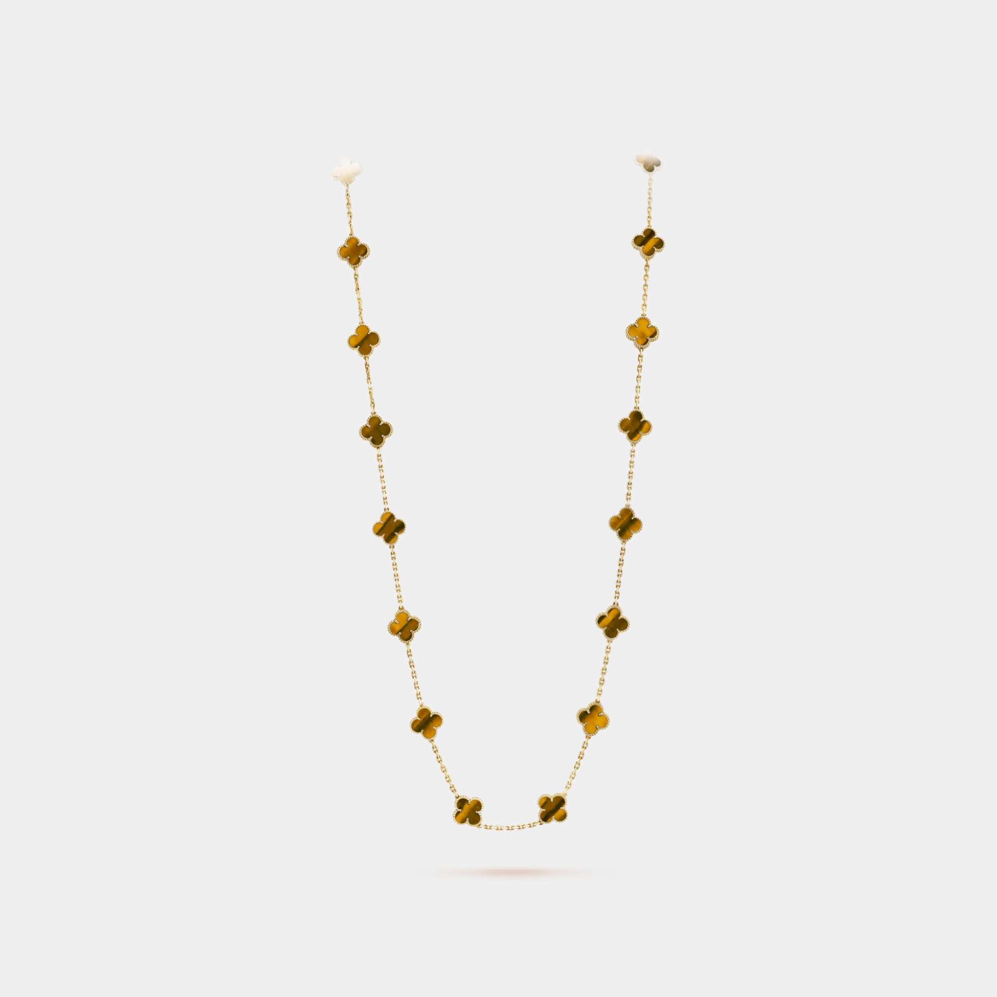 Vintage Alhambra Long Necklace 20 Motifs Yellow Gold Tiger Eye