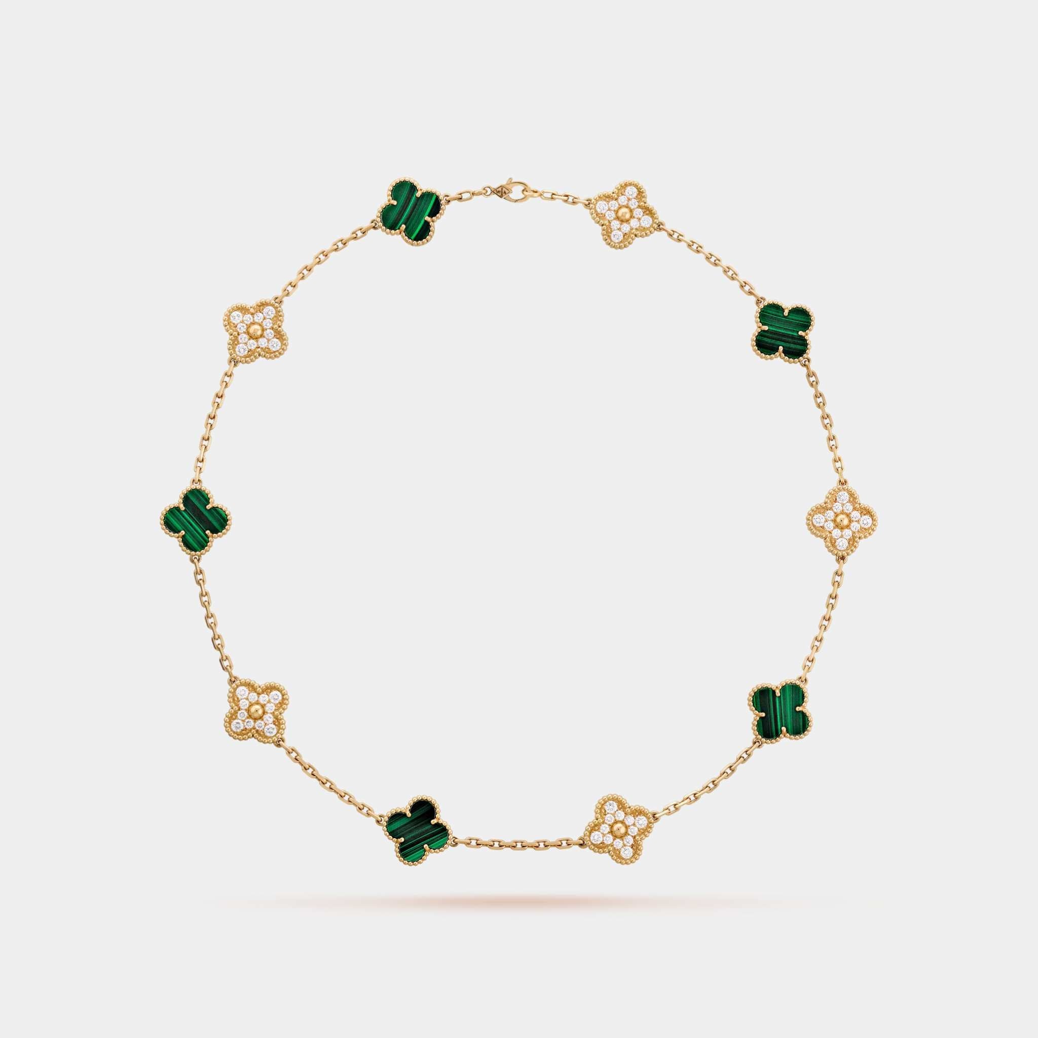 Vintage Alhambra Necklace 10 Motifs Yellow Gold Diamond Malachite