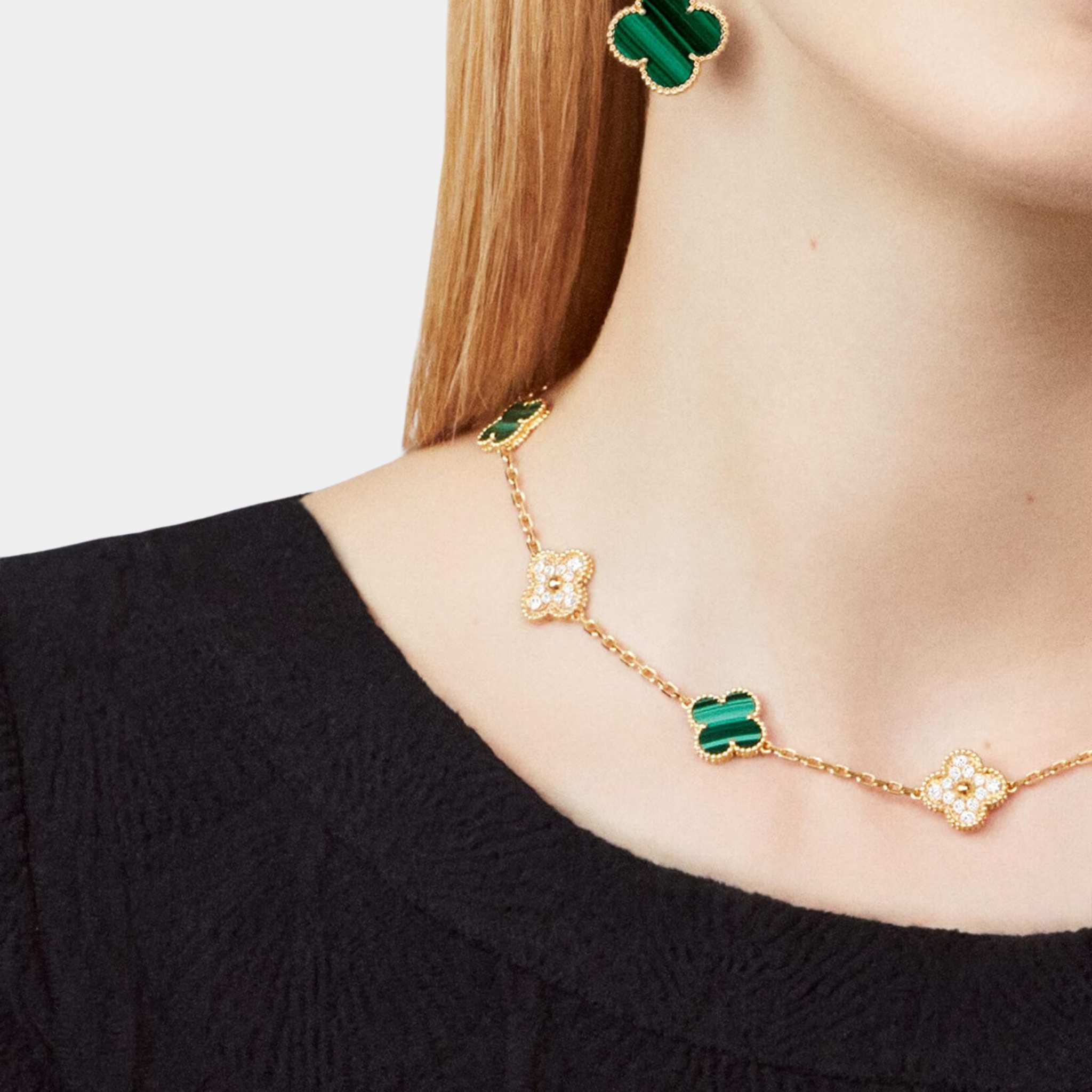 Vintage Alhambra Necklace 10 Motifs Yellow Gold Diamond Malachite