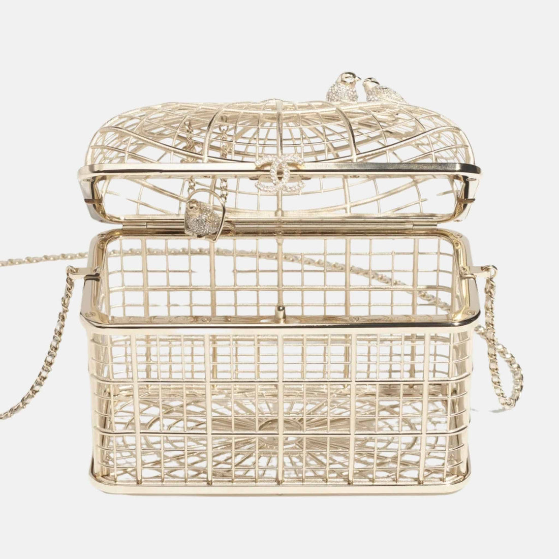 Birdcage Minaudière in Gold-Tone Metal and Crystals