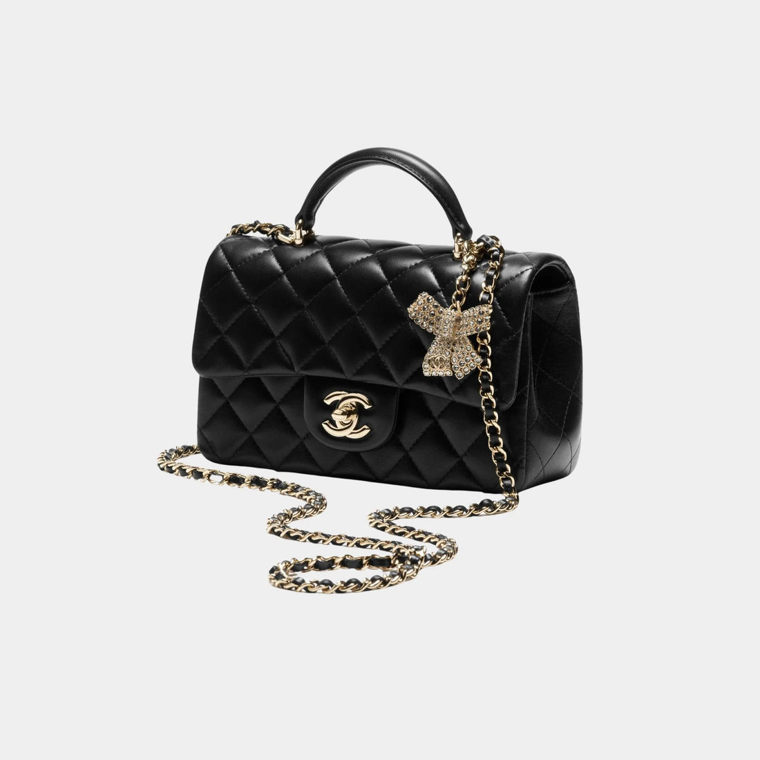 Classic Mini Bag With Handle Lambskin Rhinestones &amp; Gold Metal Black