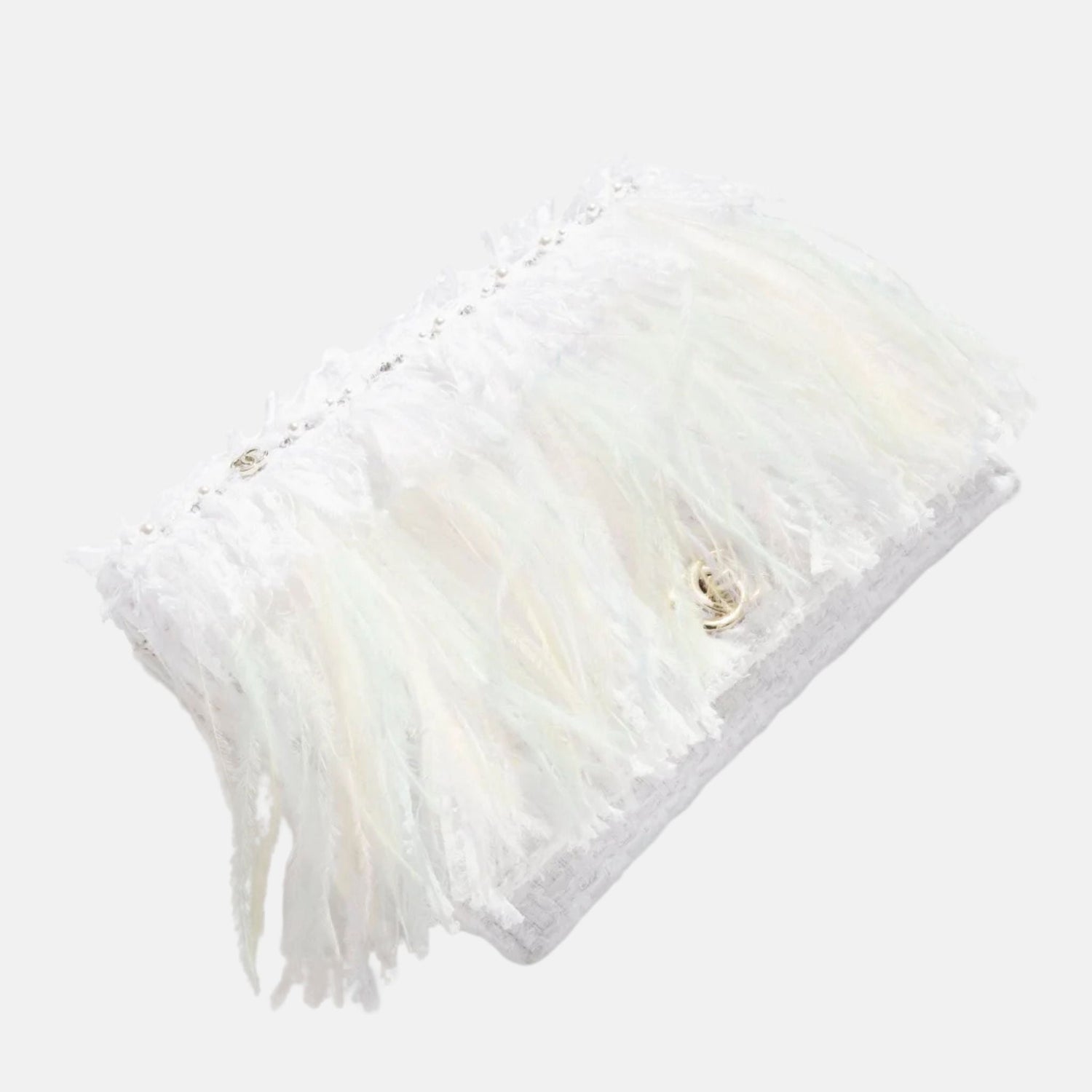 Clutch In Tweed Feathers Pearls &amp; Gold Tone Metal White
