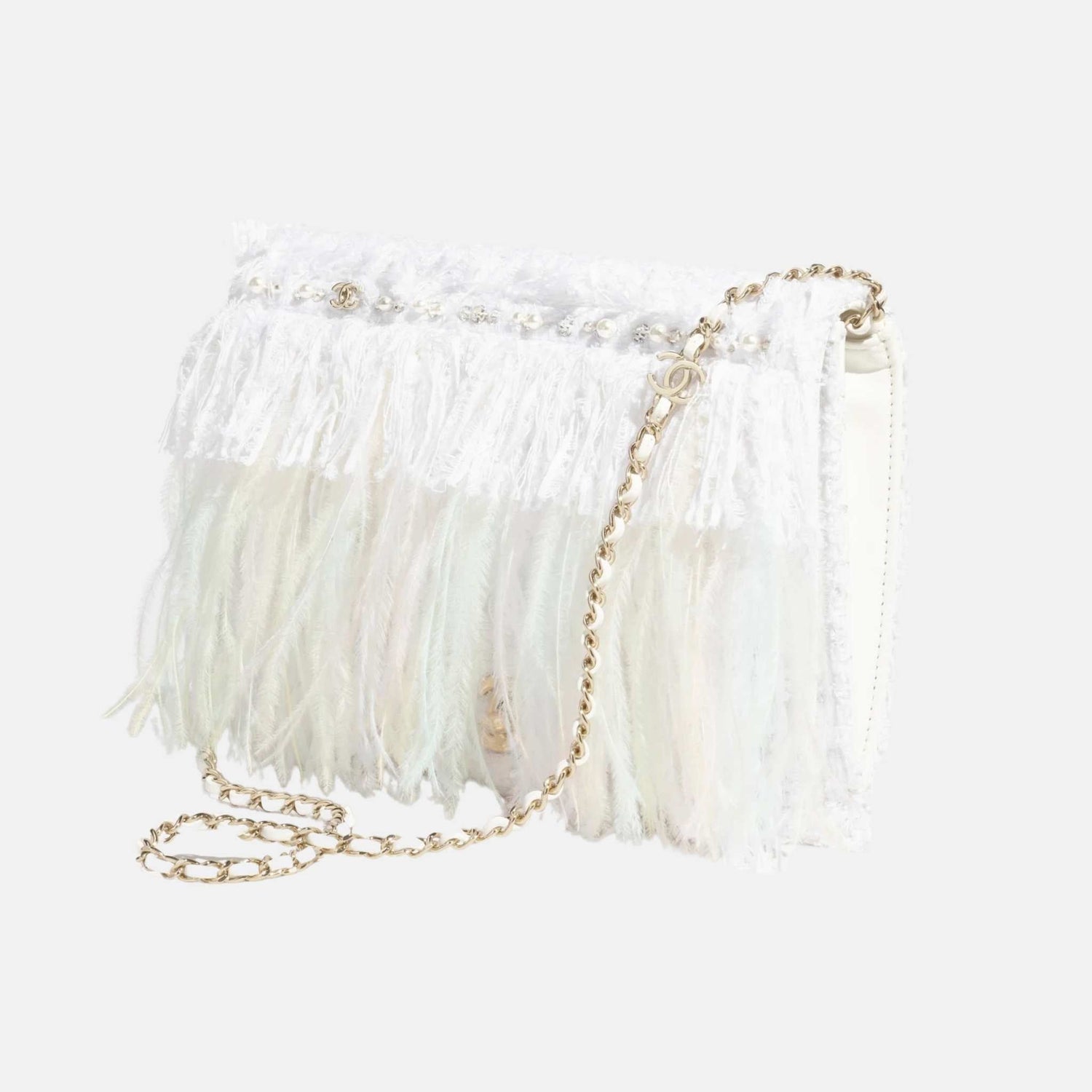 Clutch In Tweed Feathers Pearls &amp; Gold Tone Metal White