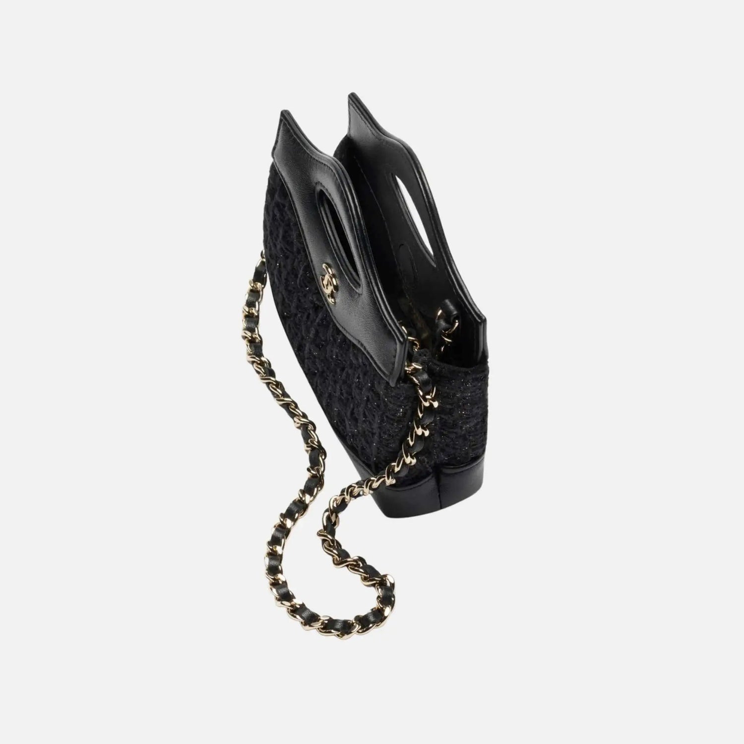 Clutch With Chain Cotton Tweed Shiny Lambskin Gold Tone Metal