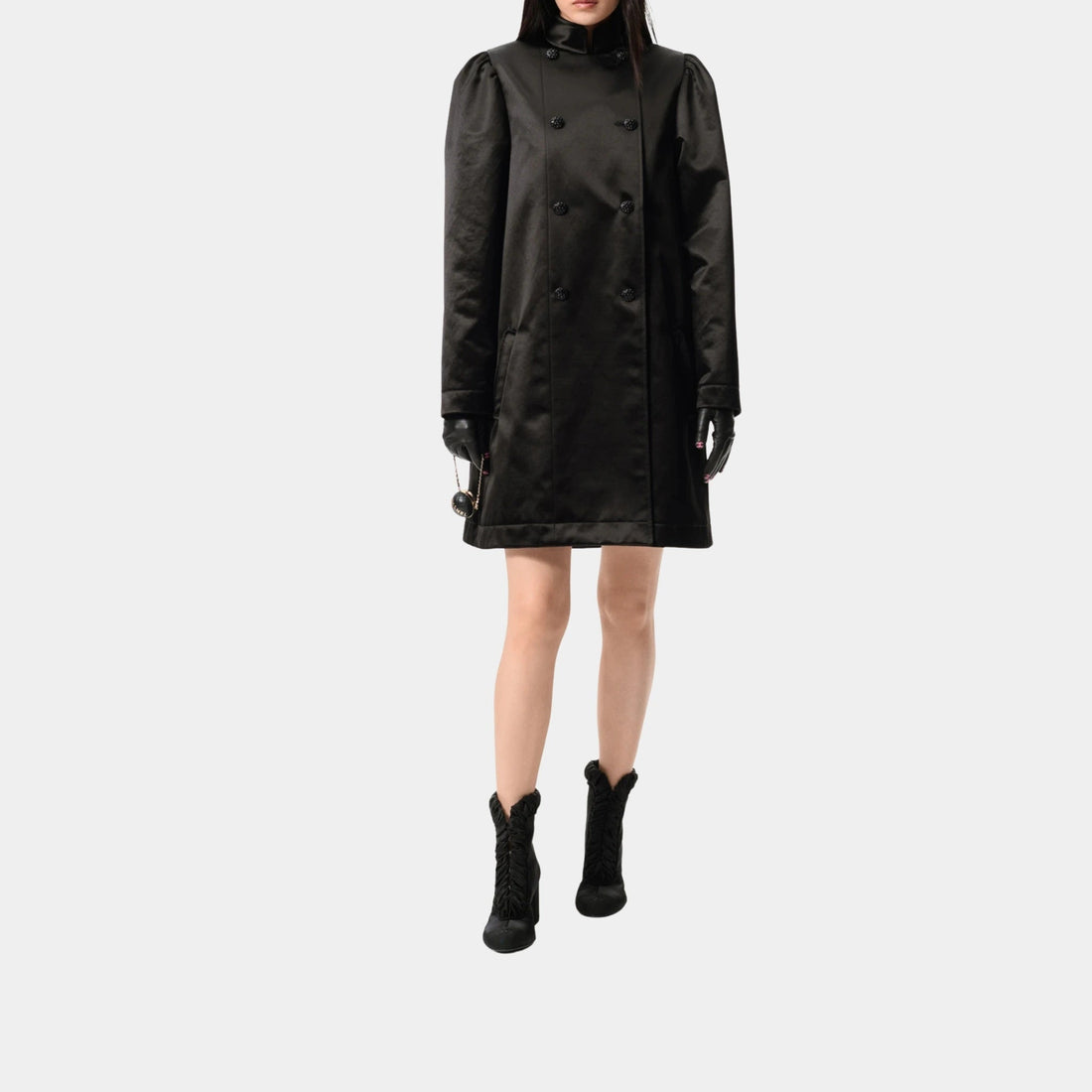 Coat in Black Cotton &amp; Silk Satin