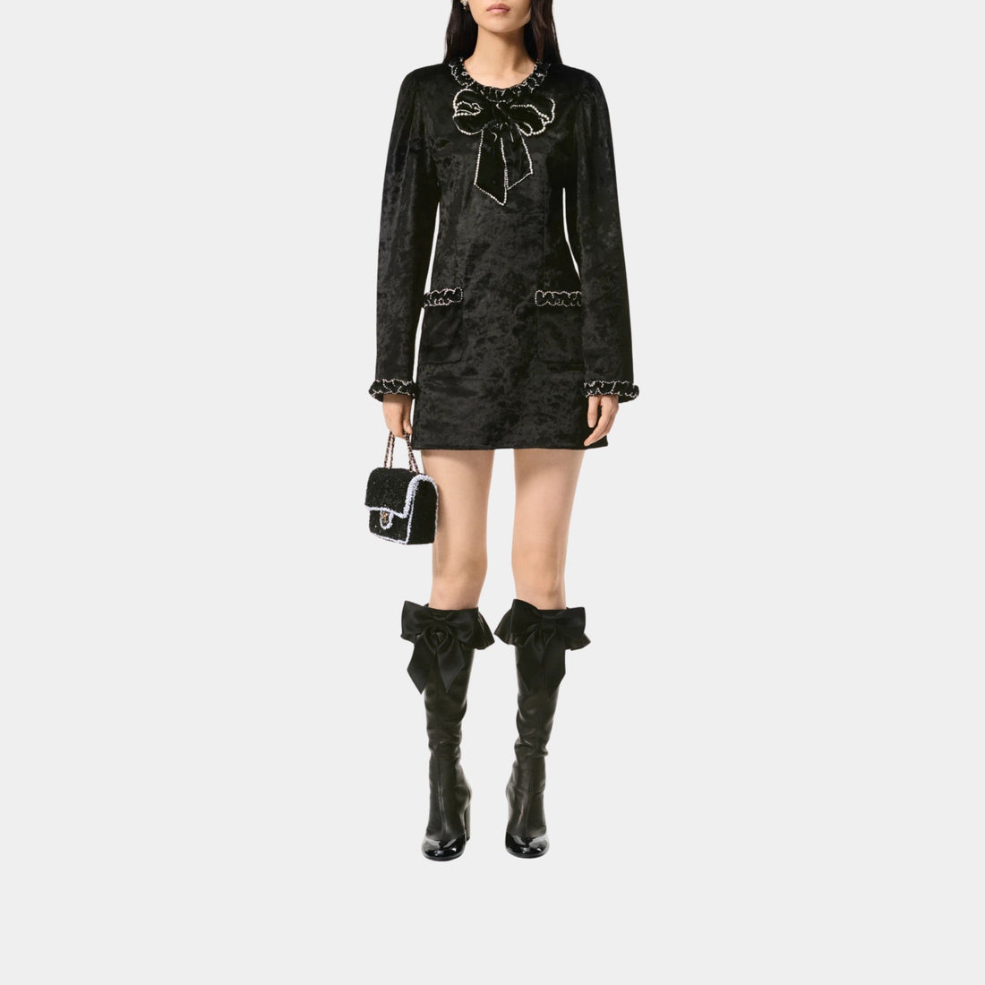 Short Dress in Cotton Velvet Embroidered with Imitation Pearls