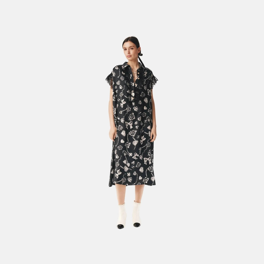 Dress in Printed Silk Satin and Lace