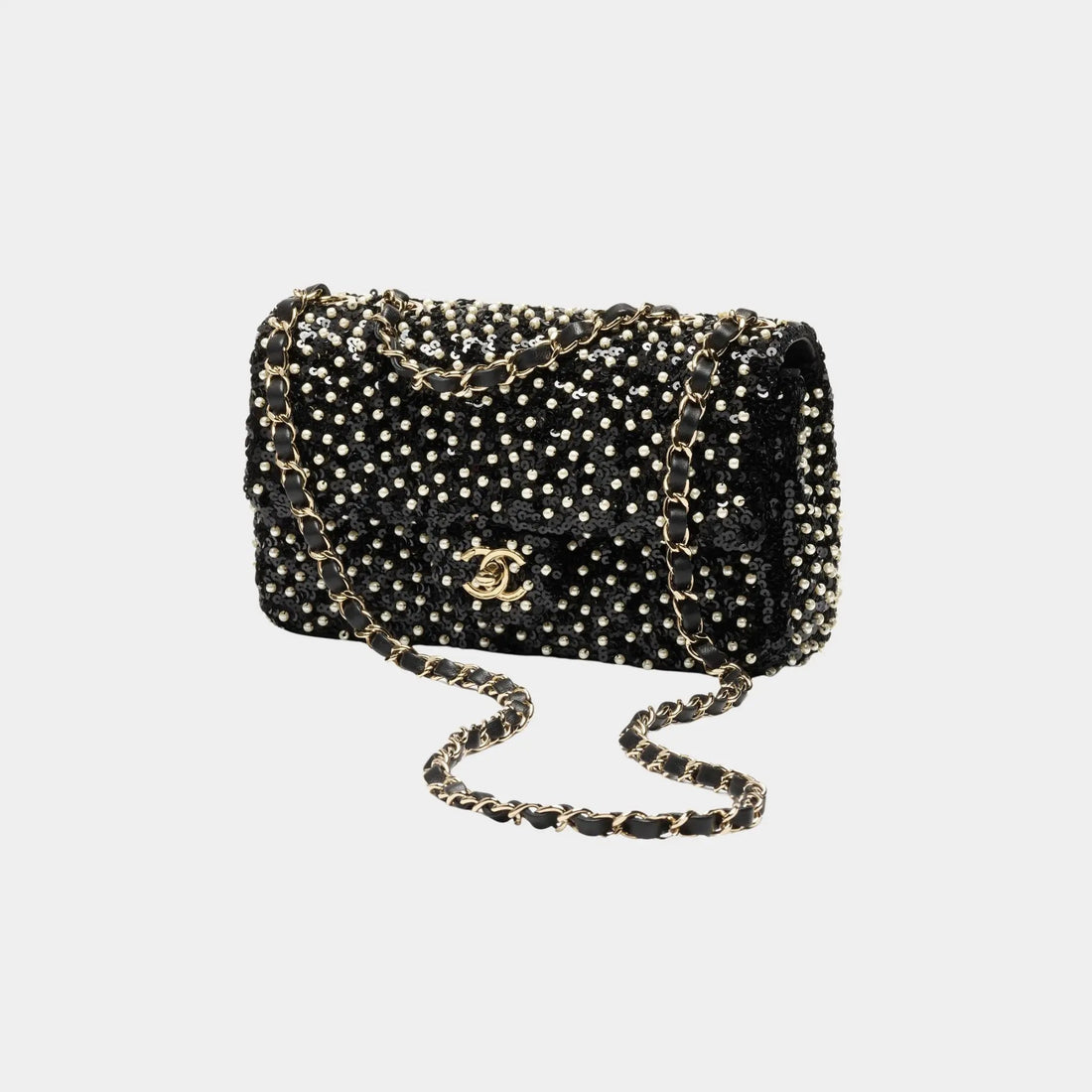 Evening Bag Sequins Imitation Pearls &amp; Gold Metal Black &amp; White