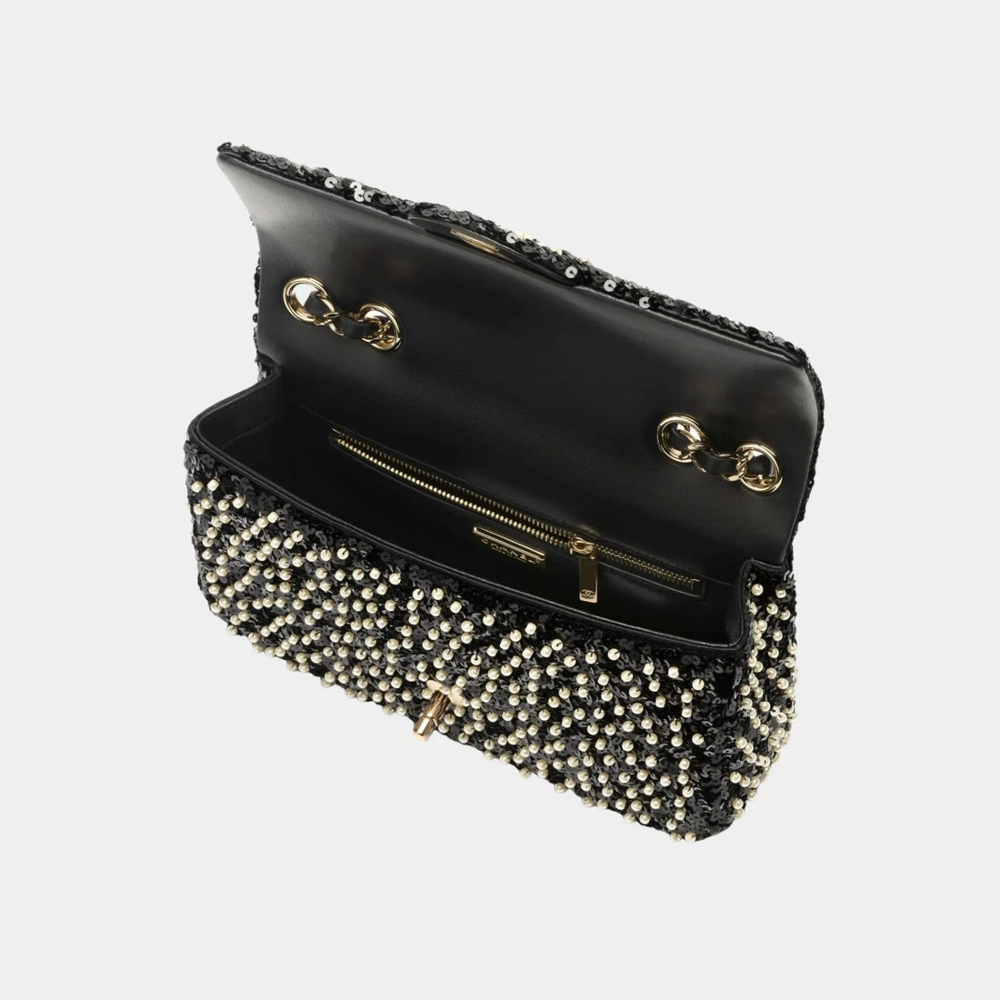 Evening Bag Sequins Imitation Pearls &amp; Gold Metal Black &amp; White