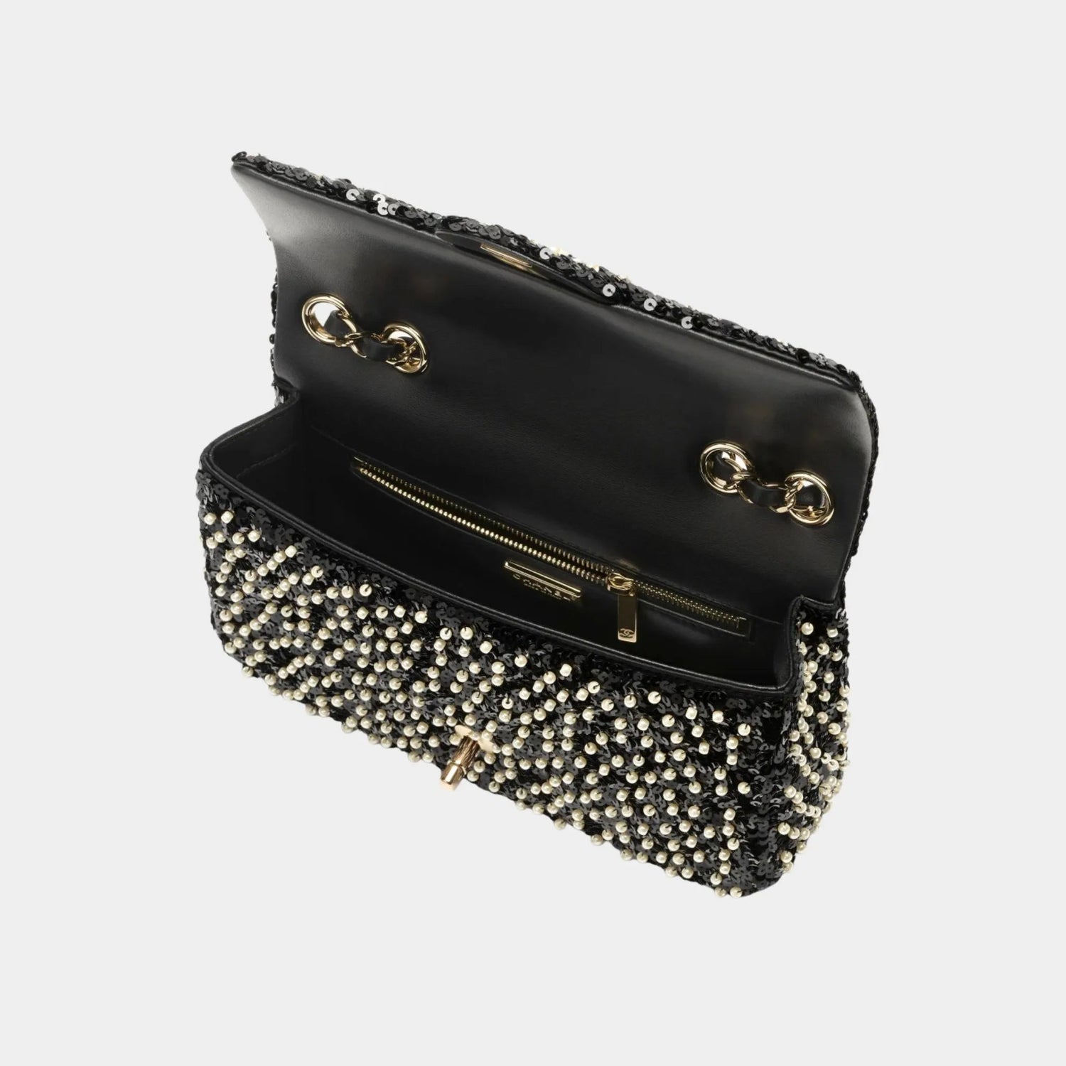 Evening Bag Sequins Imitation Pearls &amp; Gold Metal Black &amp; White