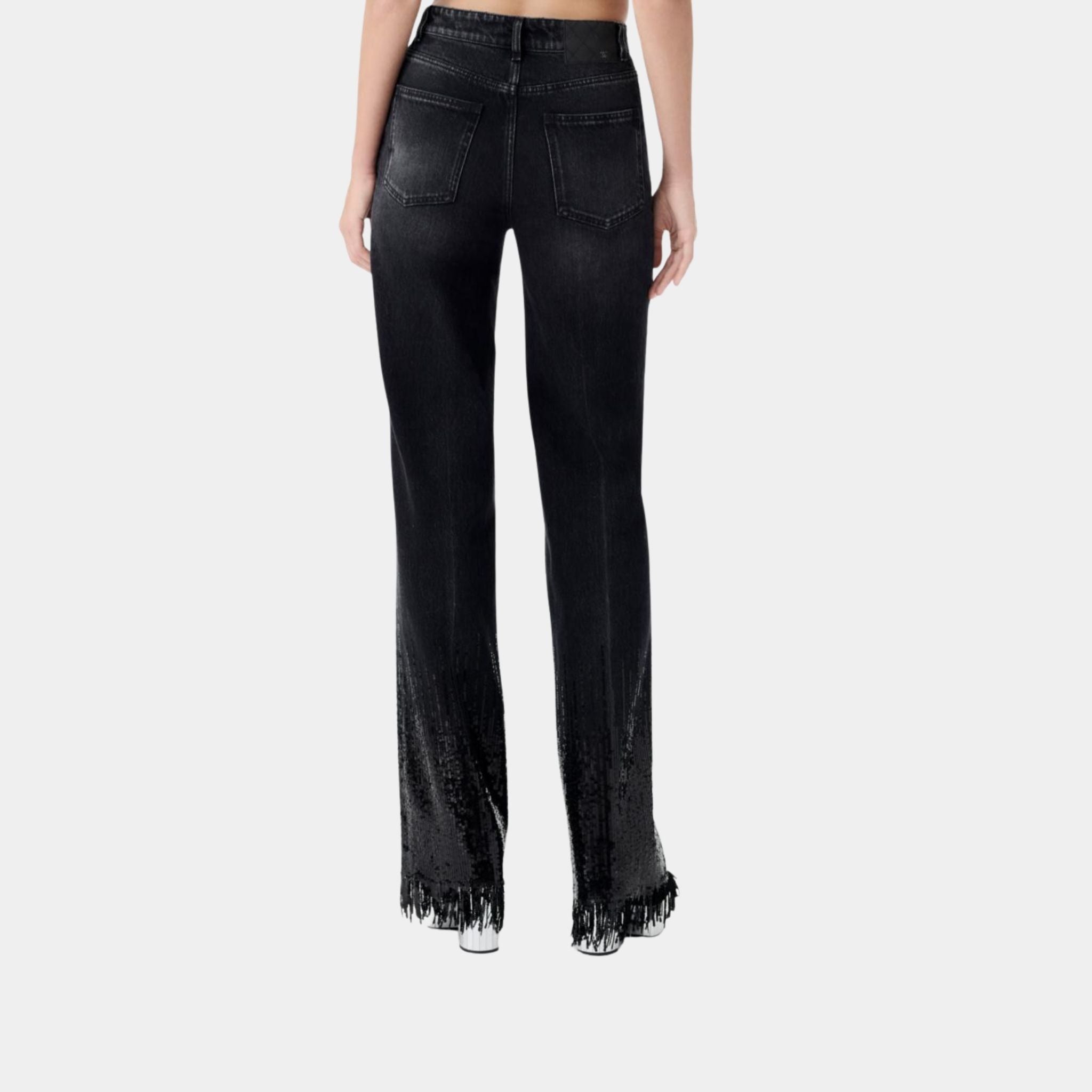 Flared Washed Black Denim Jeans Embroidered with Sequins