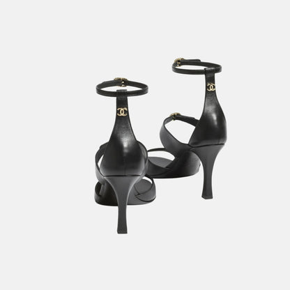 Heeled Sandals in Black Lambskin