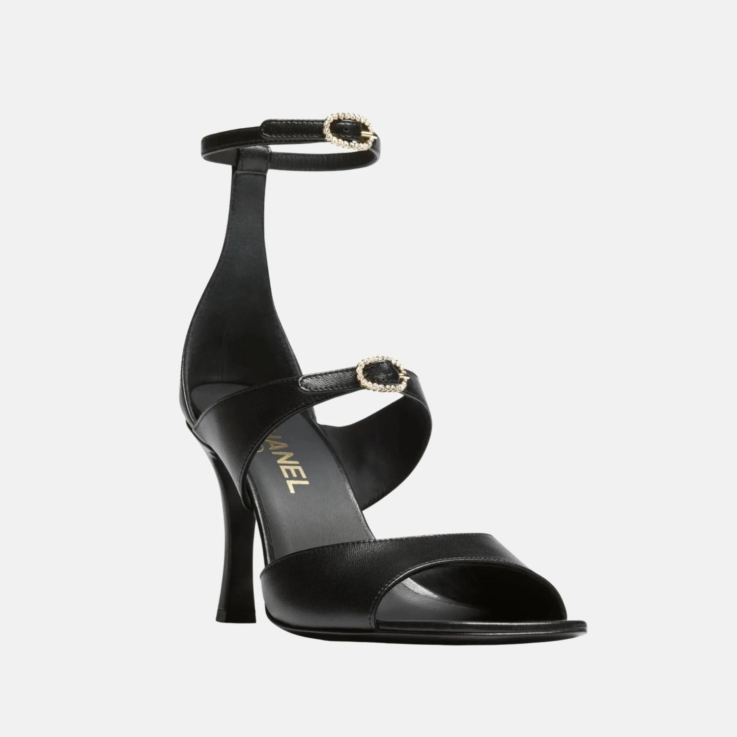 Heeled Sandals in Black Lambskin