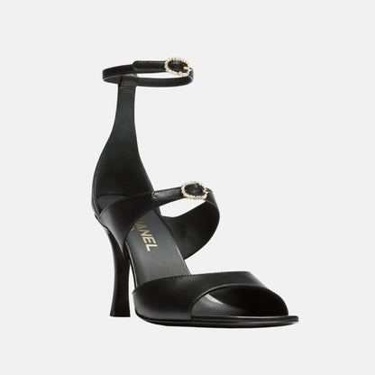 Heeled Sandals in Black Lambskin