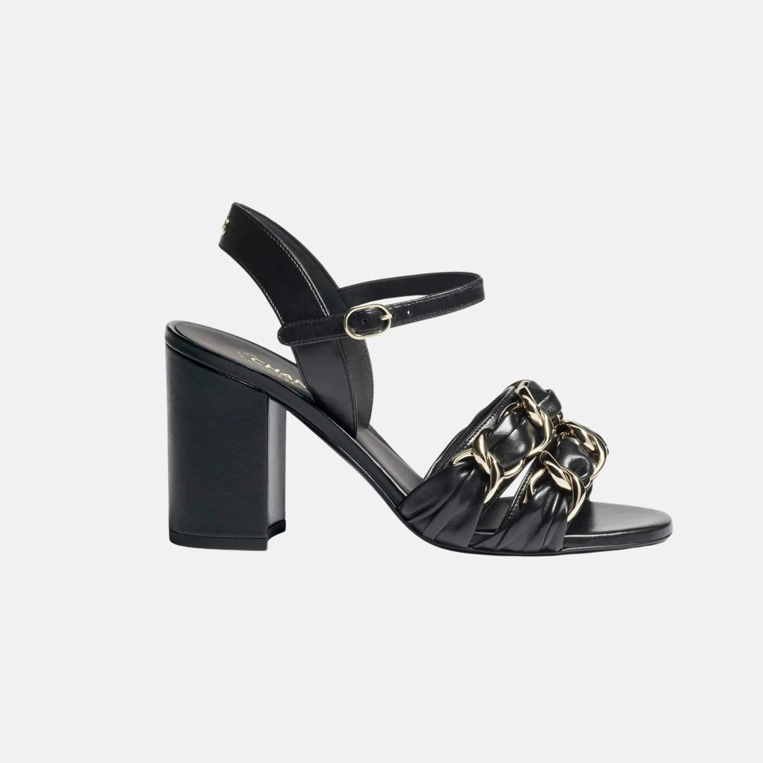 Heeled Sandals in Lambskin with Gold-Tone Chain