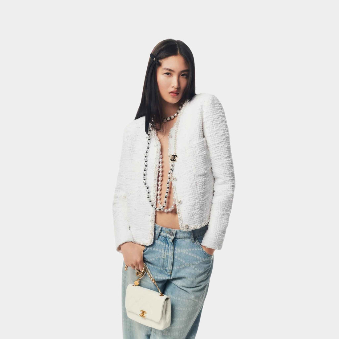 Jacket Cotton Tweed Imitation Pearls White