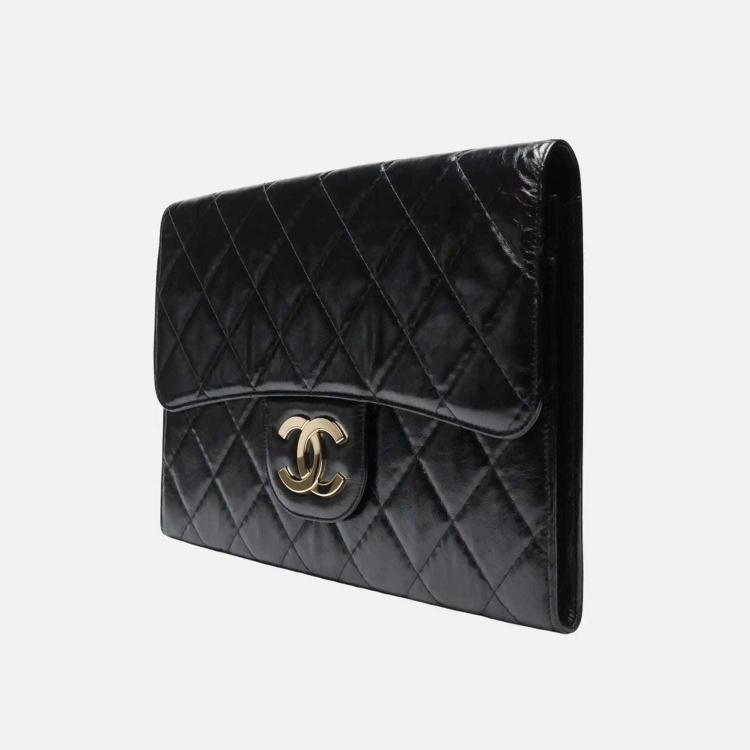 Large Clutch Shiny Crumpled Calfskin Gold Tone Metal
