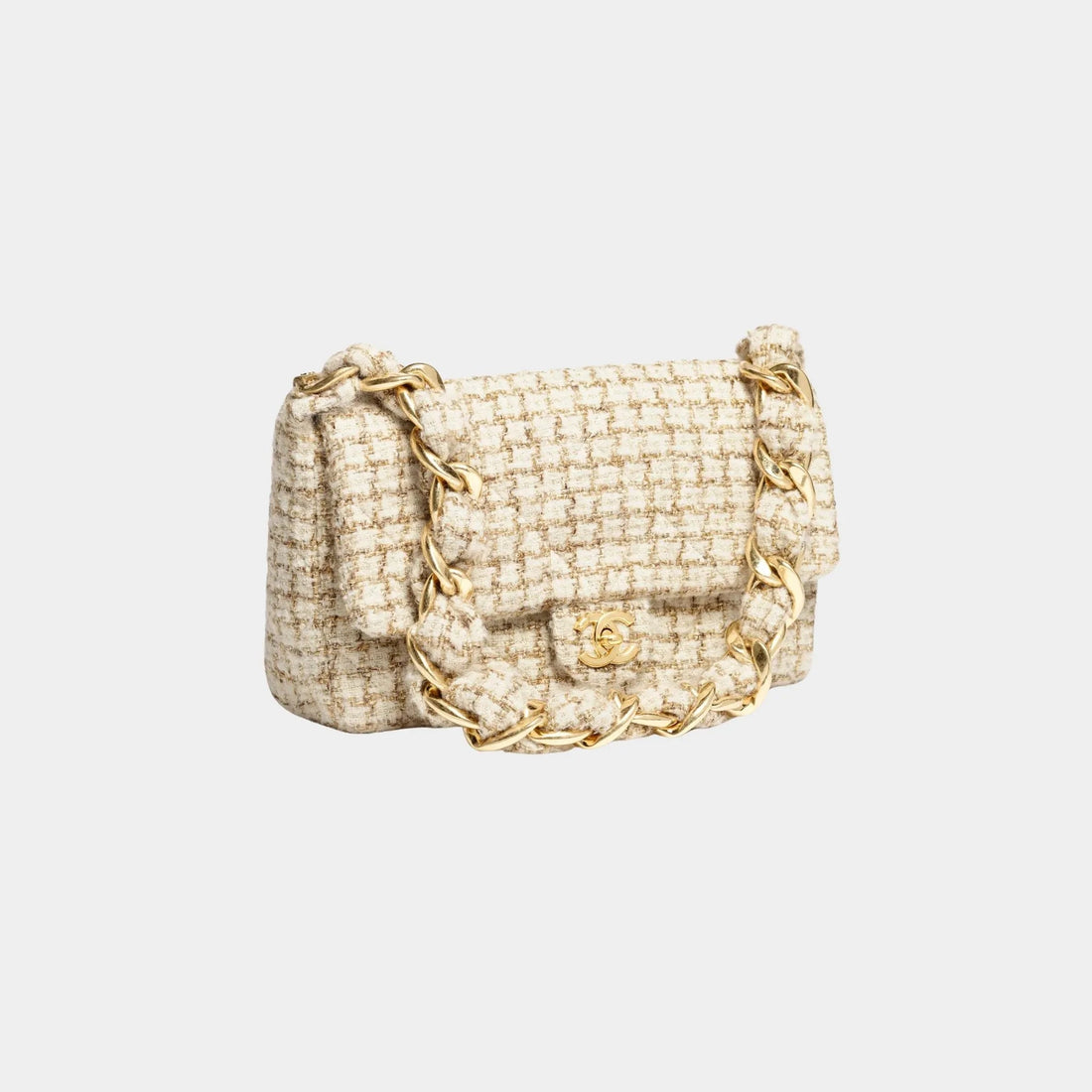 Large Flap Bag Tweed &amp; Gold Metal Ecru Beige &amp; Gold
