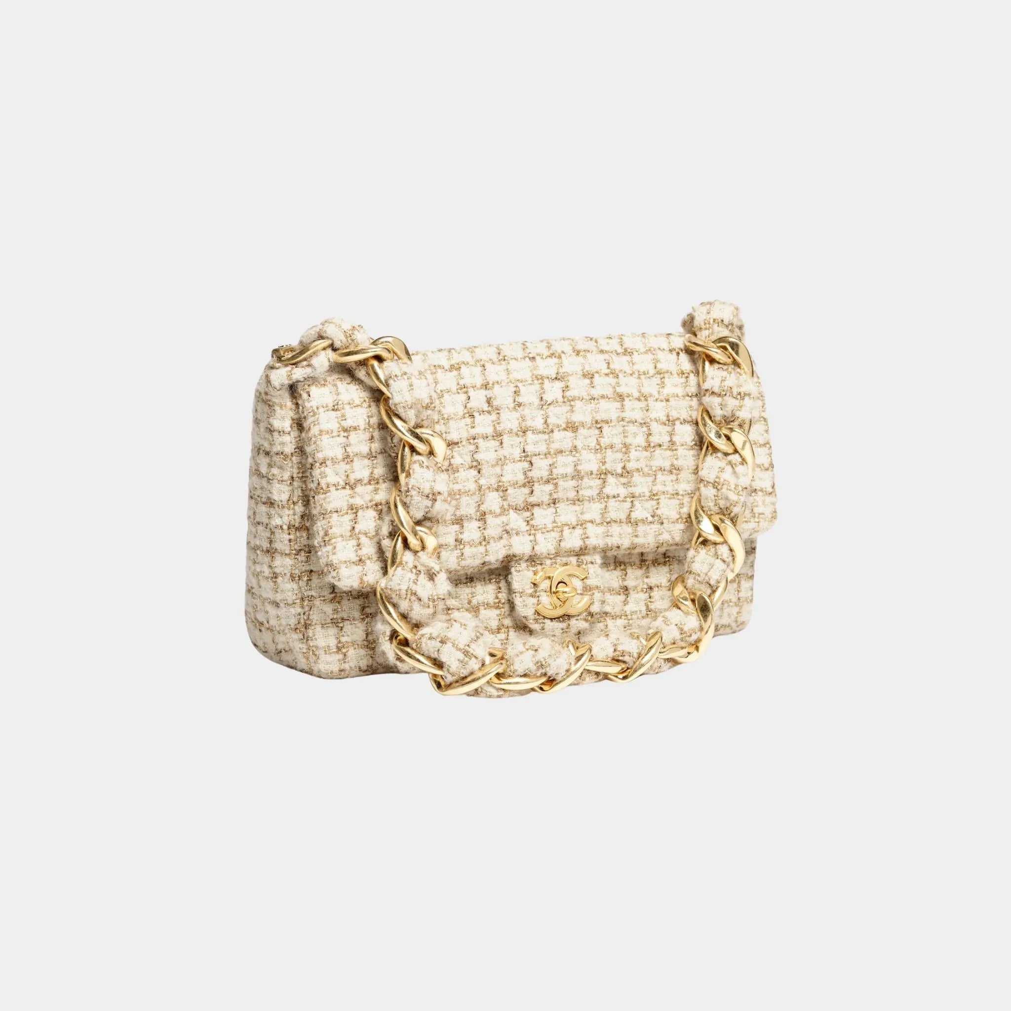 Large Flap Bag Tweed &amp; Gold Metal Ecru Beige &amp; Gold