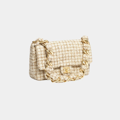 Large Flap Bag Tweed &amp; Gold Metal Ecru Beige &amp; Gold